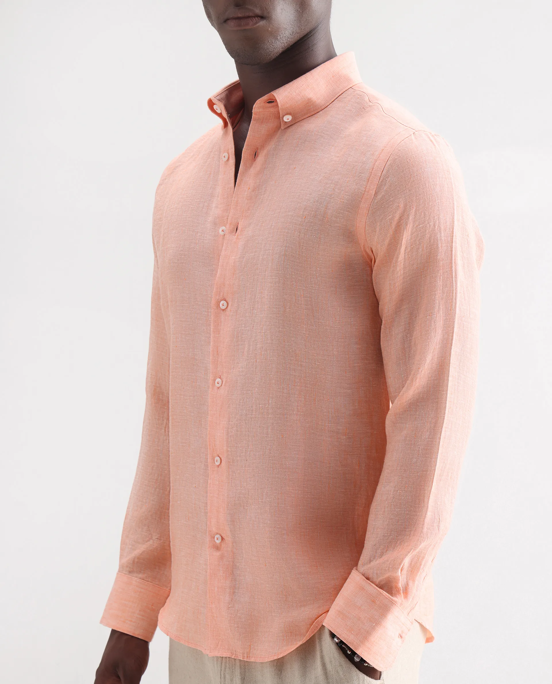 Rare Rabbit Men's Lucis Light Orange 100% Linen Plain Regular Fit Full Sleeve Collared Shirt - Image 3