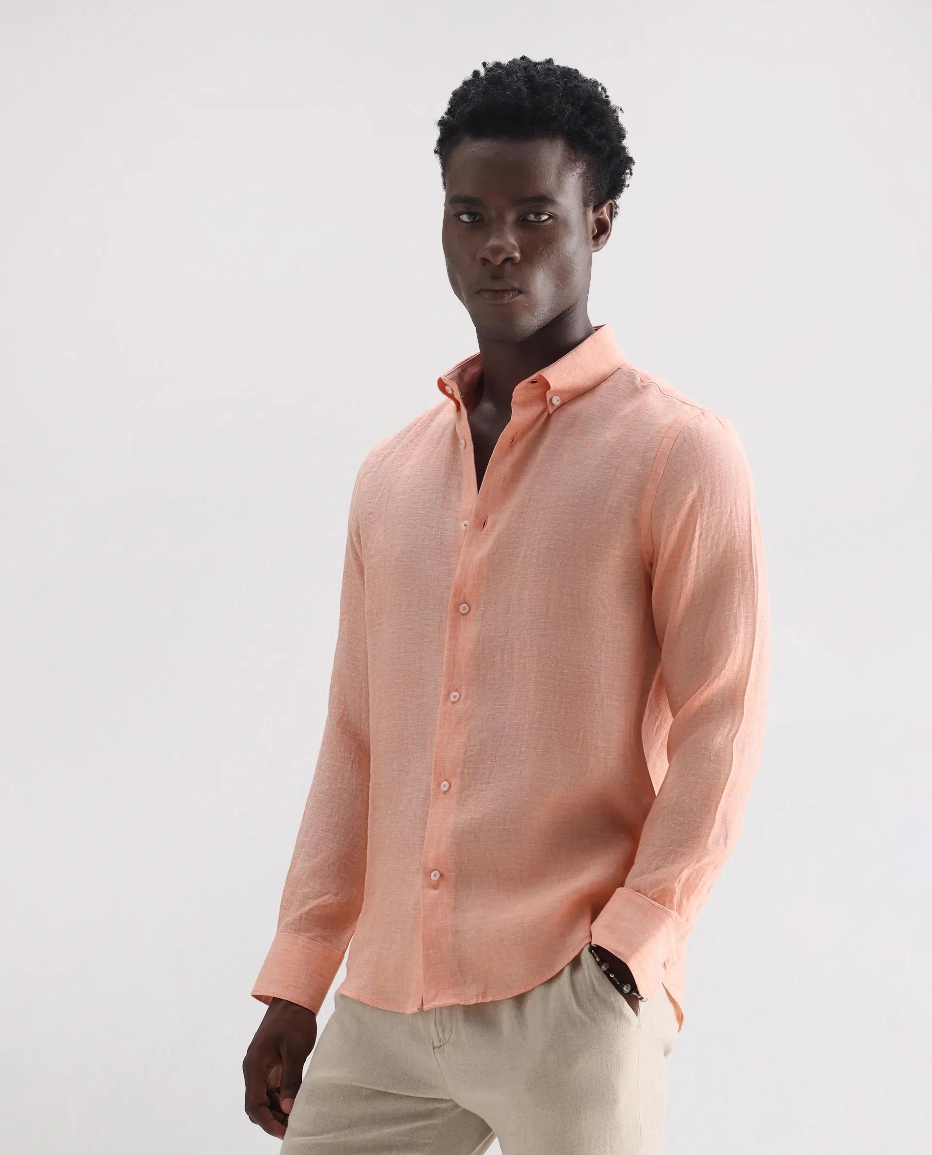 Rare Rabbit Men's Lucis Light Orange 100% Linen Plain Regular Fit Full Sleeve Collared Shirt - Image 4