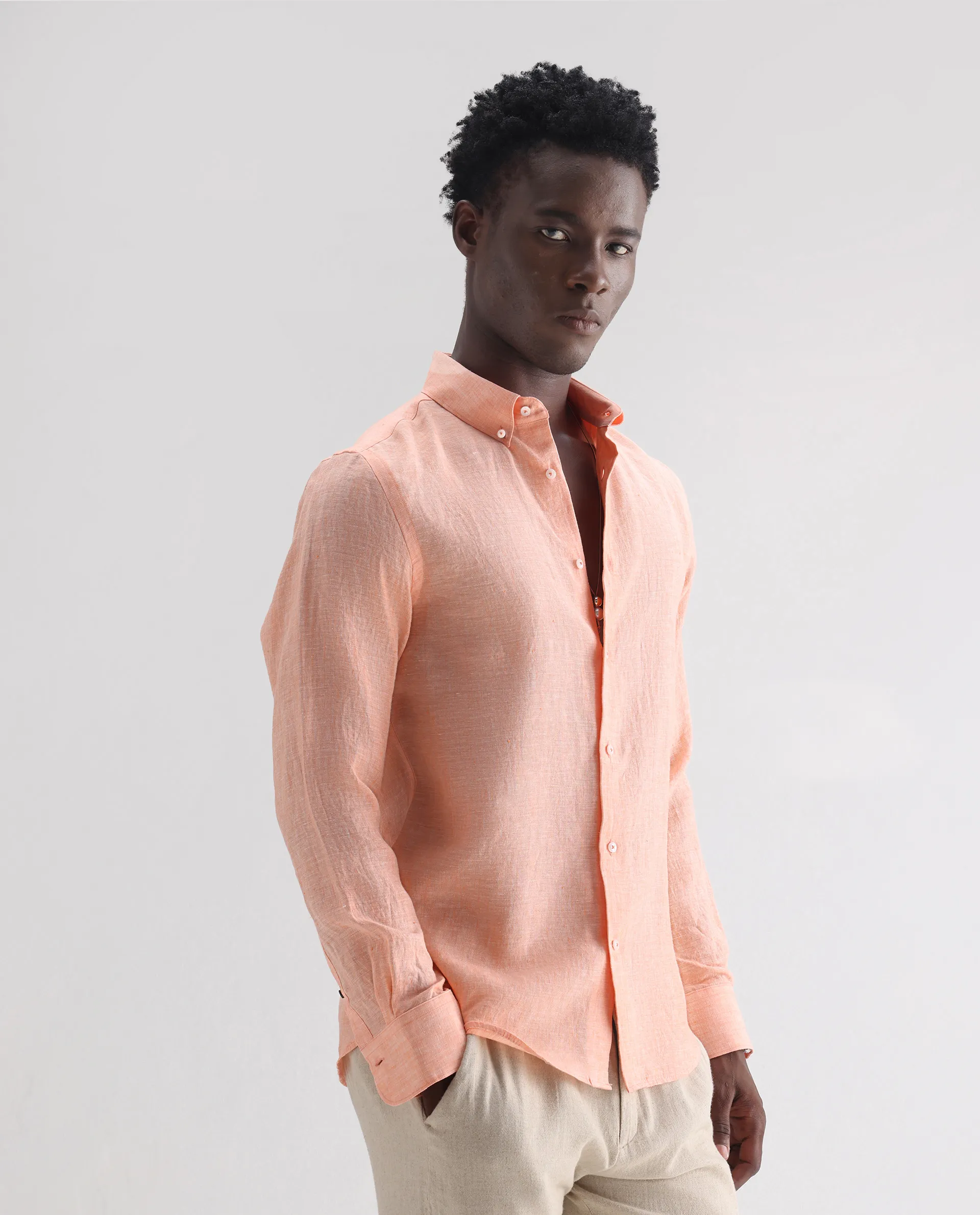 Rare Rabbit Men's Lucis Light Orange 100% Linen Plain Regular Fit Full Sleeve Collared Shirt - Image 5
