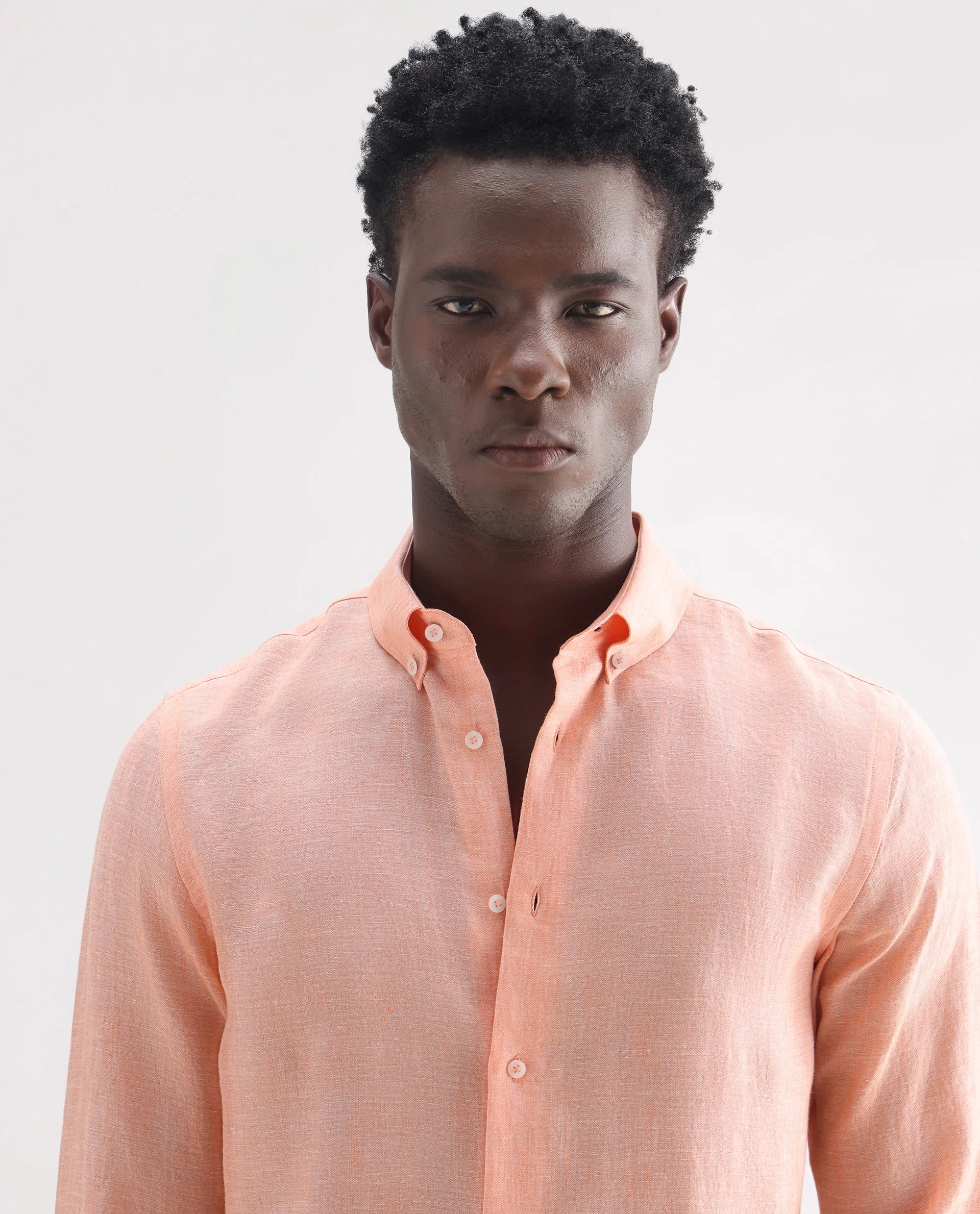 Rare Rabbit Men's Lucis Light Orange 100% Linen Plain Regular Fit Full Sleeve Collared Shirt - Image 6