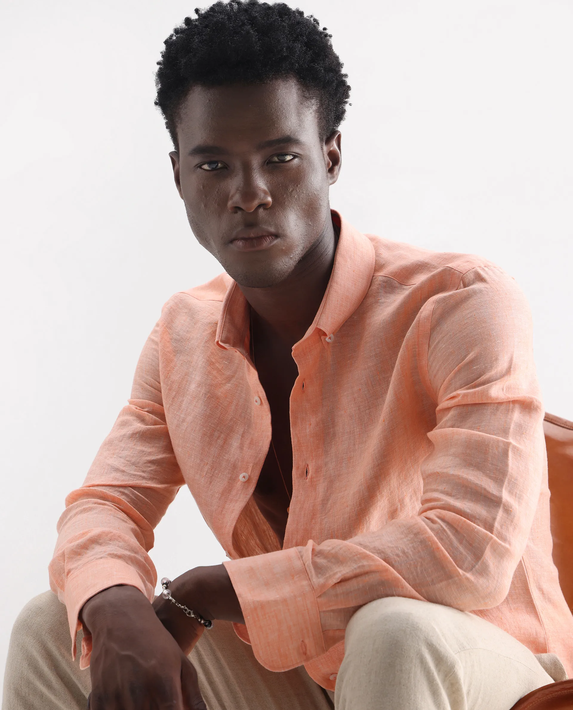 Rare Rabbit Men's Lucis Light Orange 100% Linen Plain Regular Fit Full Sleeve Collared Shirt - Image 7