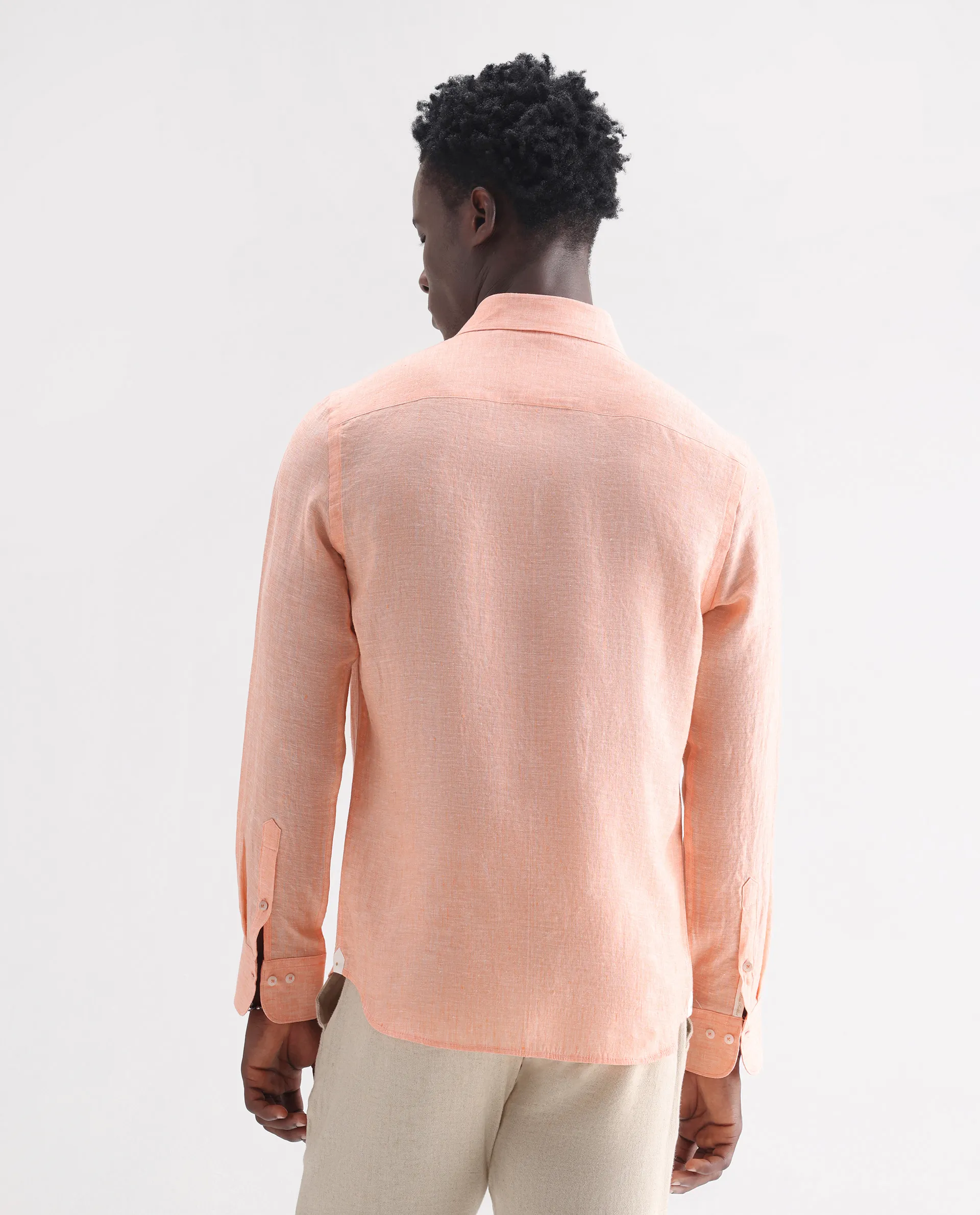 Rare Rabbit Men's Lucis Light Orange 100% Linen Plain Regular Fit Full Sleeve Collared Shirt - Image 8