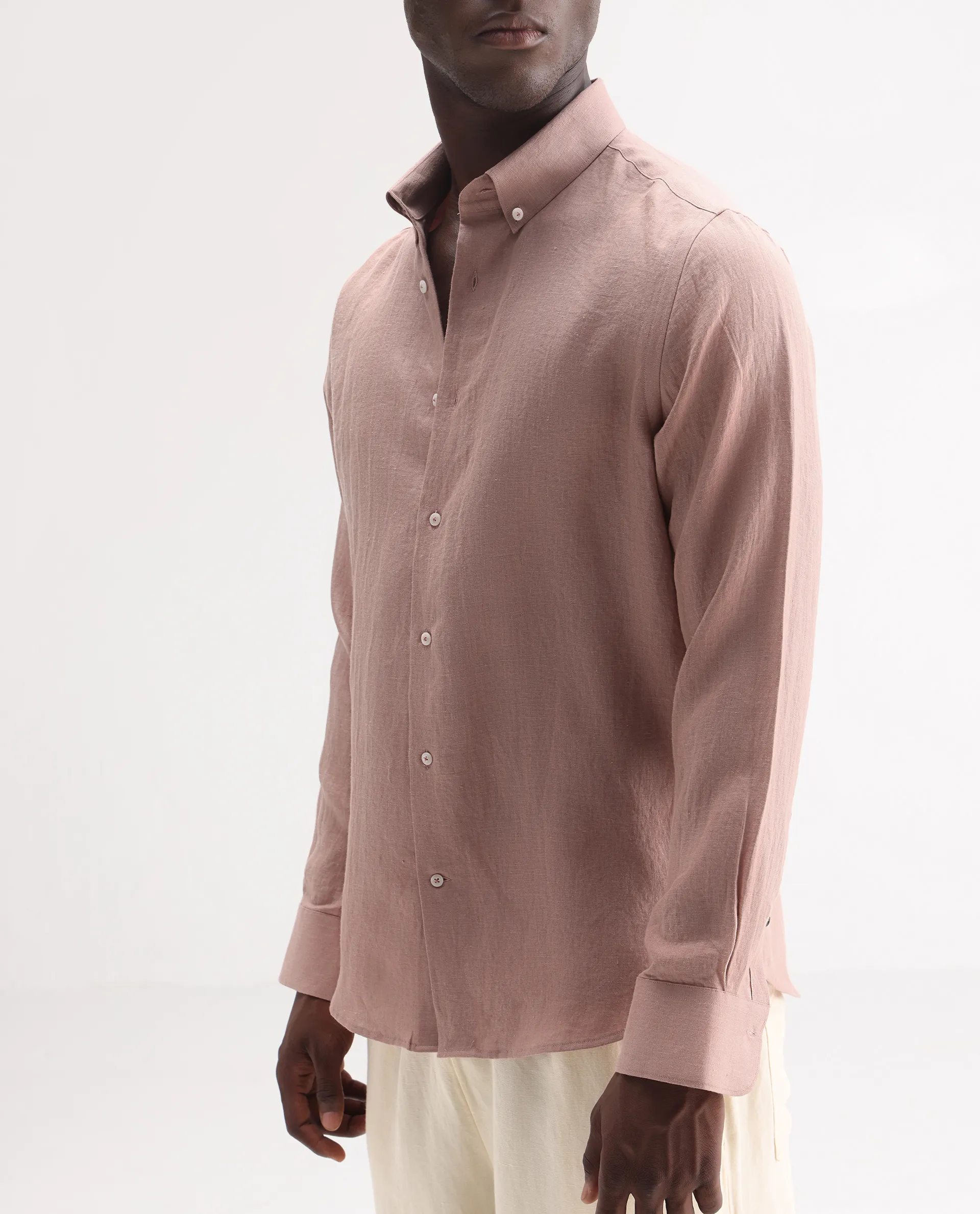 Rare Rabbit Men's Lucis Mauve 100% Linen Plain Regular Fit Full Sleeve Collared Shirt - Image 6