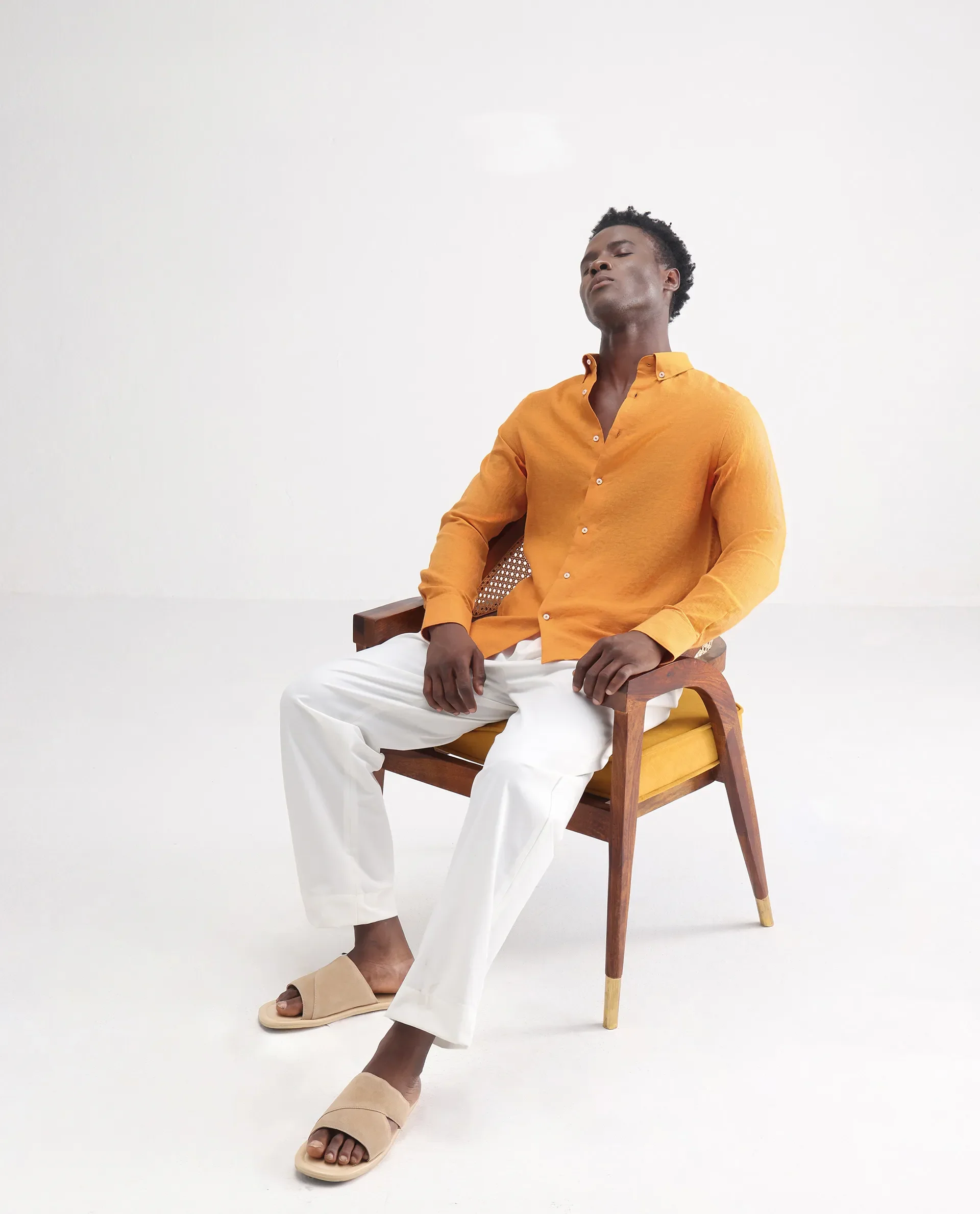 Rare Rabbit Men's Lucis Mustard 100% Linen Plain Regular Fit Full Sleeve Collared Shirt - Image 2