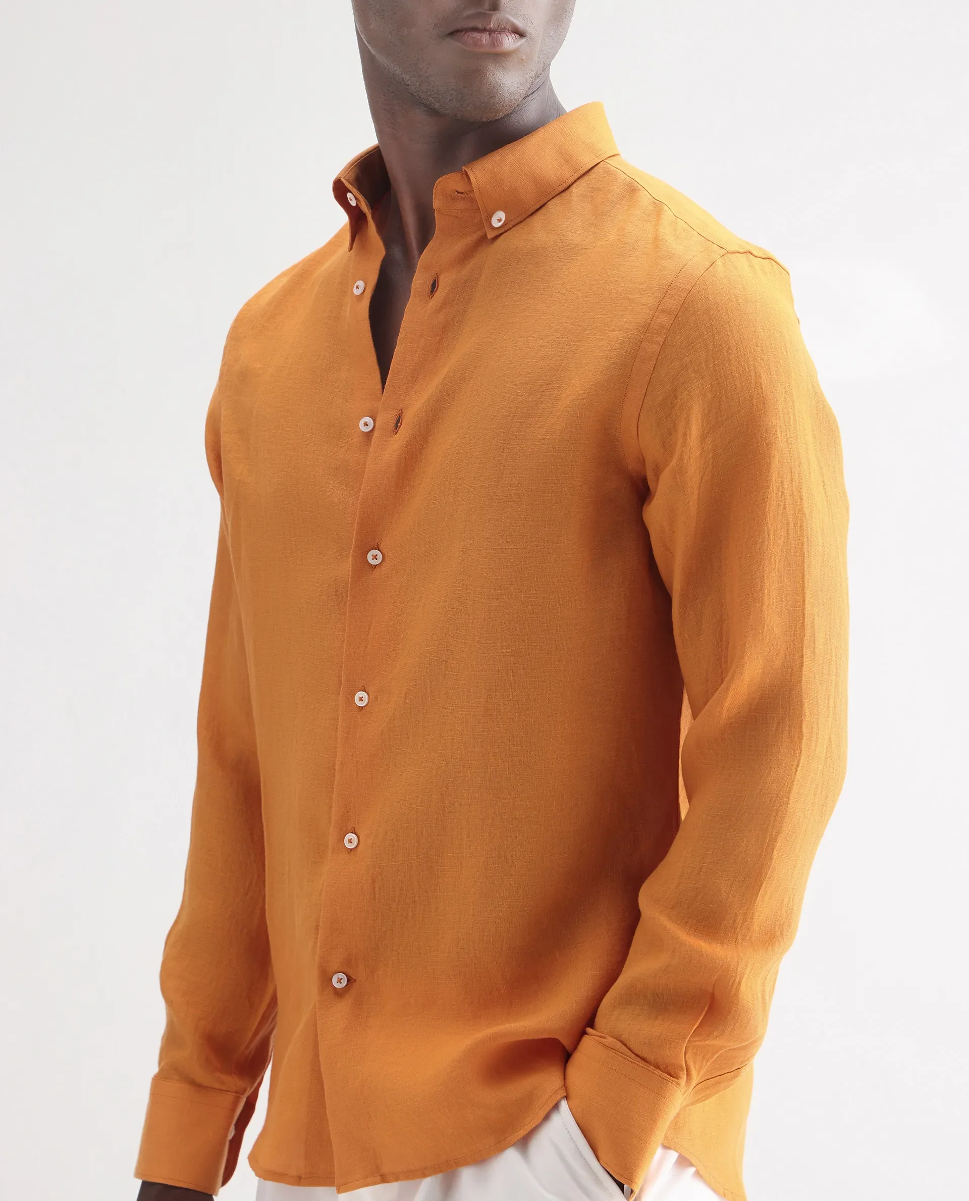 Rare Rabbit Men's Lucis Mustard 100% Linen Plain Regular Fit Full Sleeve Collared Shirt - Image 3