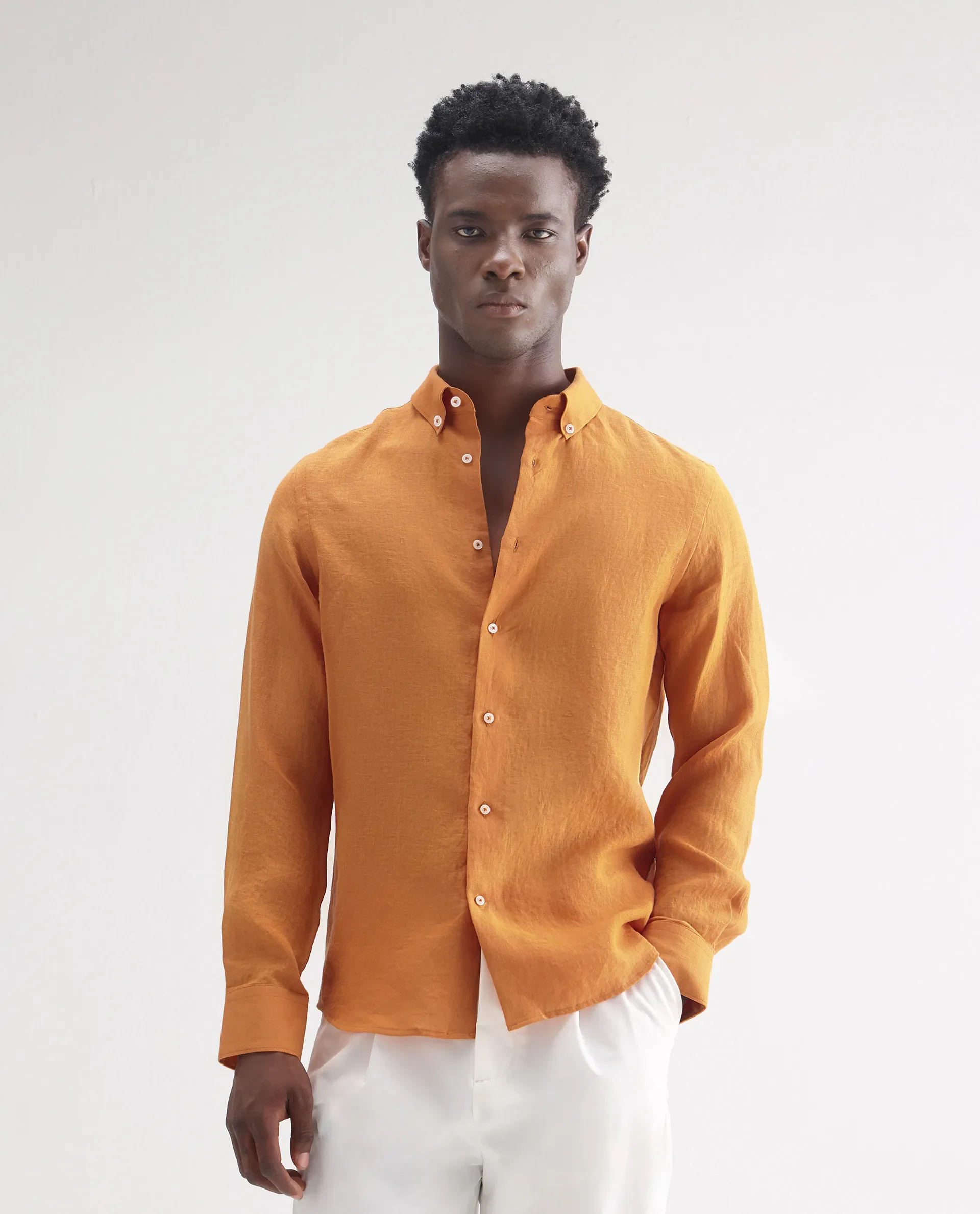 Rare Rabbit Men's Lucis Mustard 100% Linen Plain Regular Fit Full Sleeve Collared Shirt - Image 4