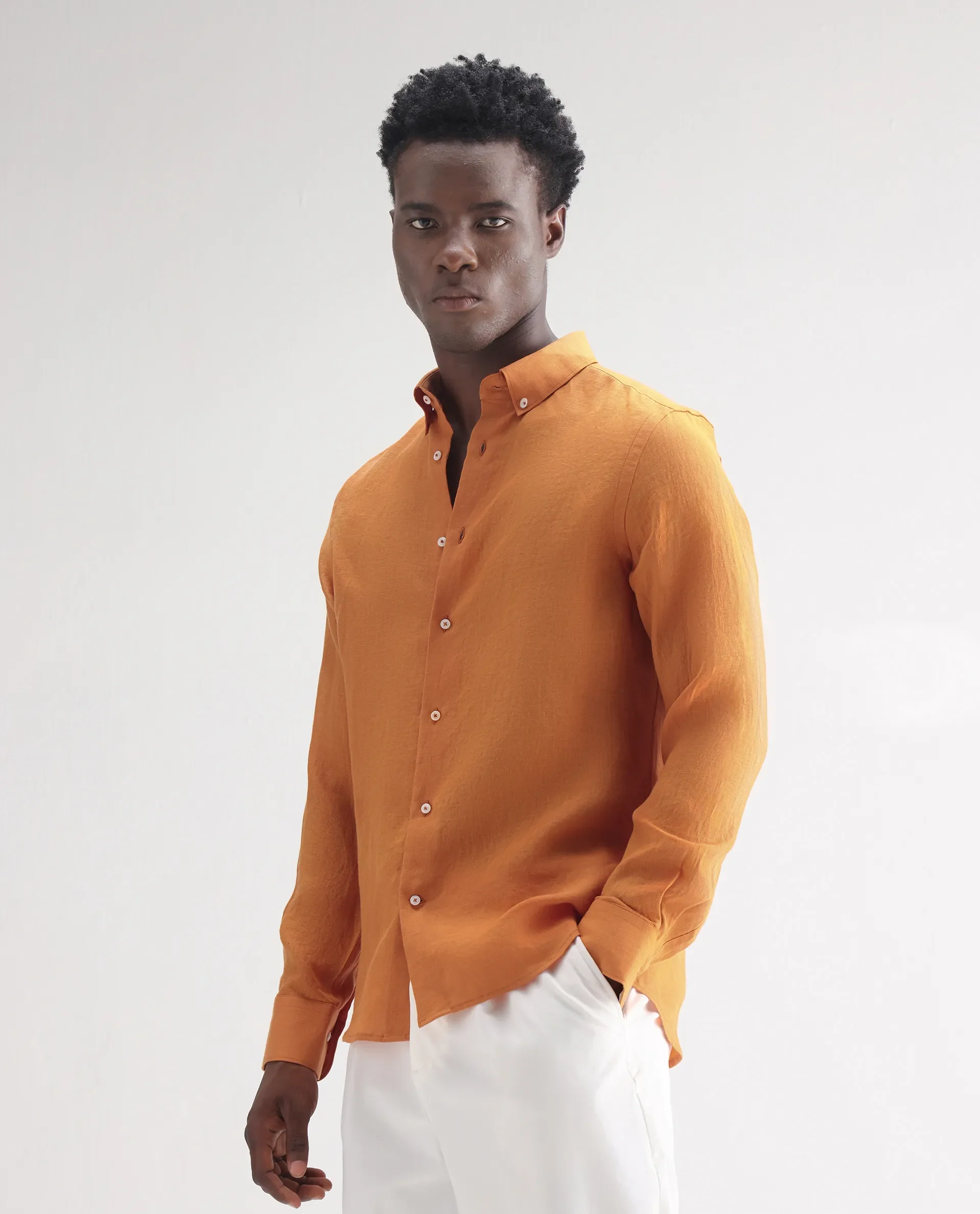 Rare Rabbit Men's Lucis Mustard 100% Linen Plain Regular Fit Full Sleeve Collared Shirt - Image 5