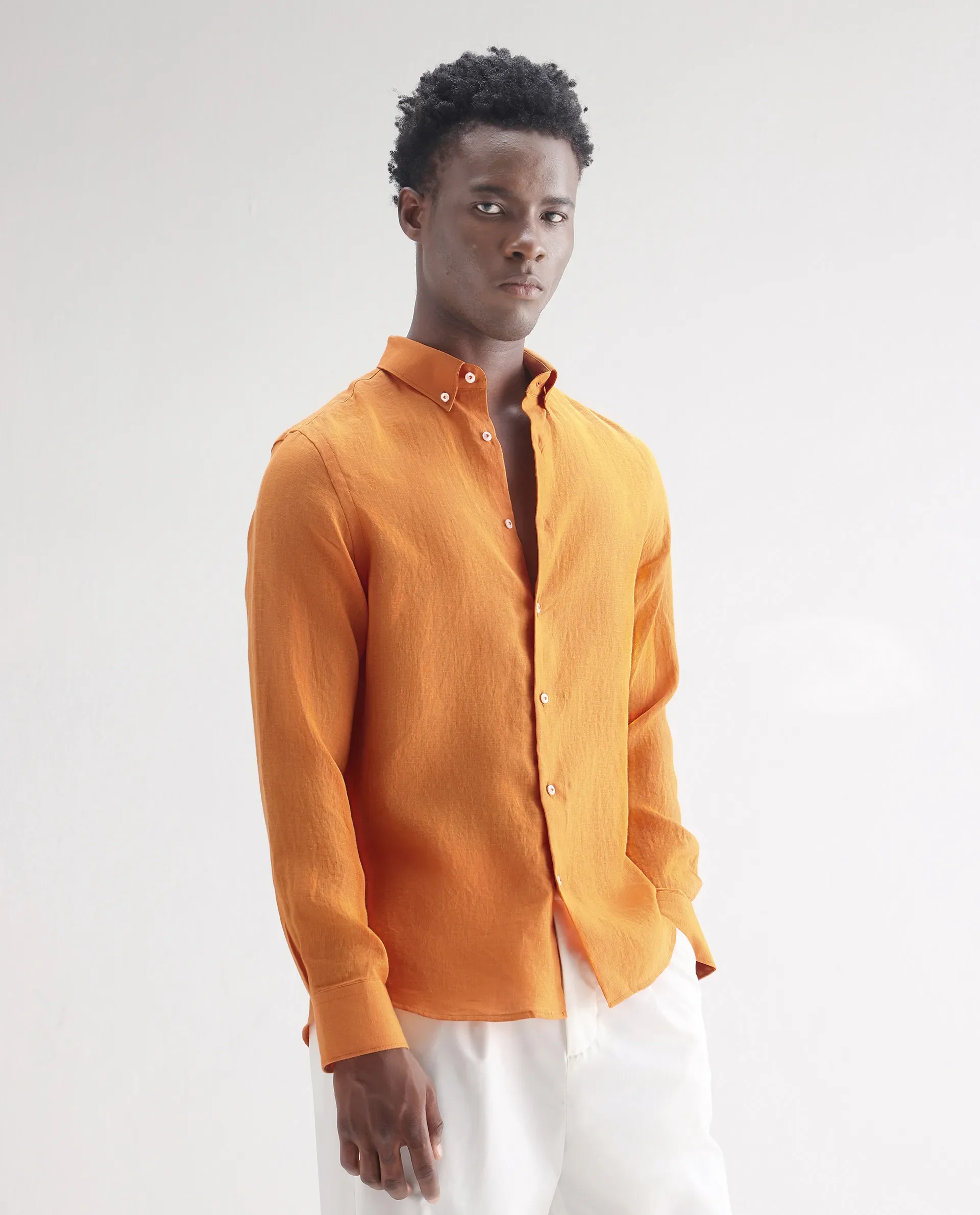Rare Rabbit Men's Lucis Mustard 100% Linen Plain Regular Fit Full Sleeve Collared Shirt - Image 6
