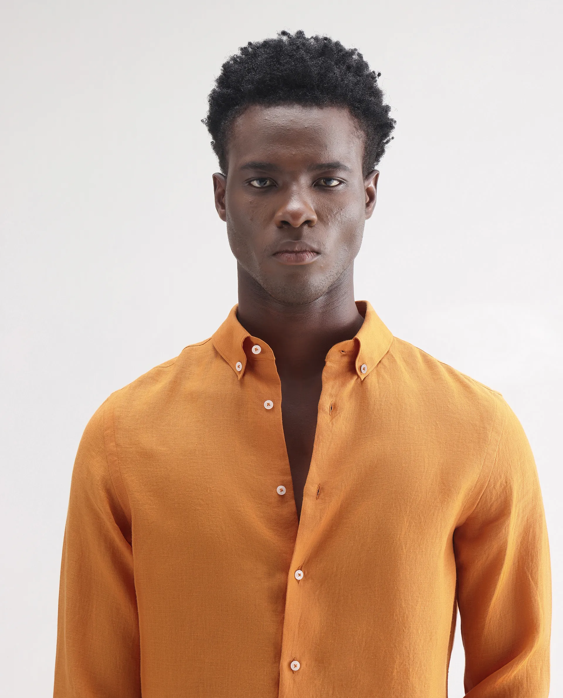 Rare Rabbit Men's Lucis Mustard 100% Linen Plain Regular Fit Full Sleeve Collared Shirt - Image 7