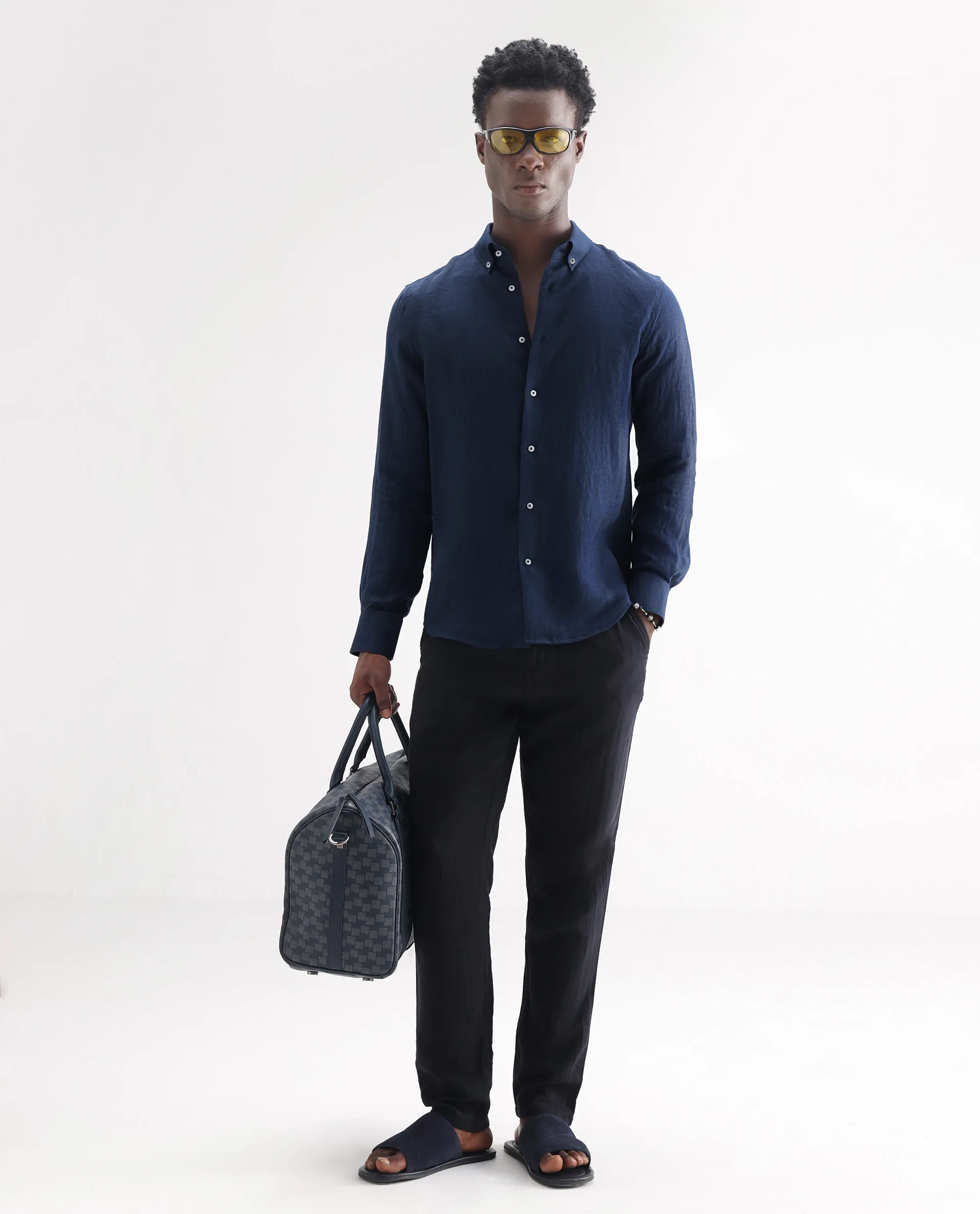 Rare Rabbit Men's Lucis Navy 100% Linen Plain Regular Fit Full Sleeve Collared Shirt - Image 2