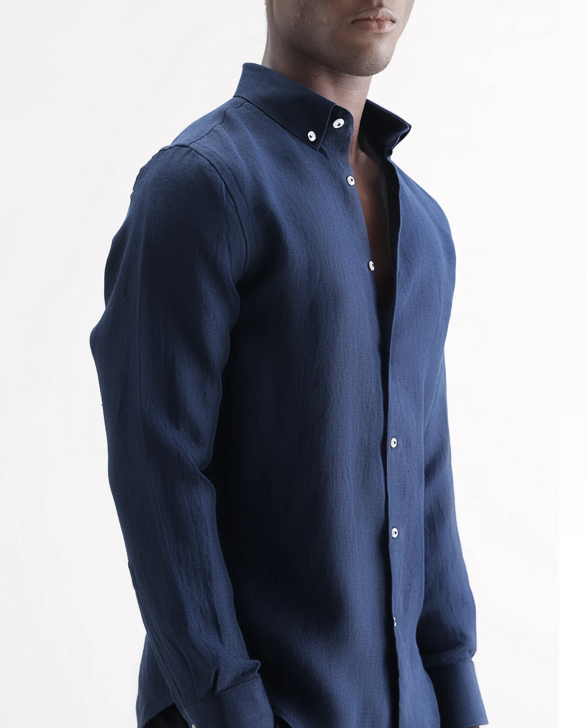 Rare Rabbit Men's Lucis Navy 100% Linen Plain Regular Fit Full Sleeve Collared Shirt - Image 3