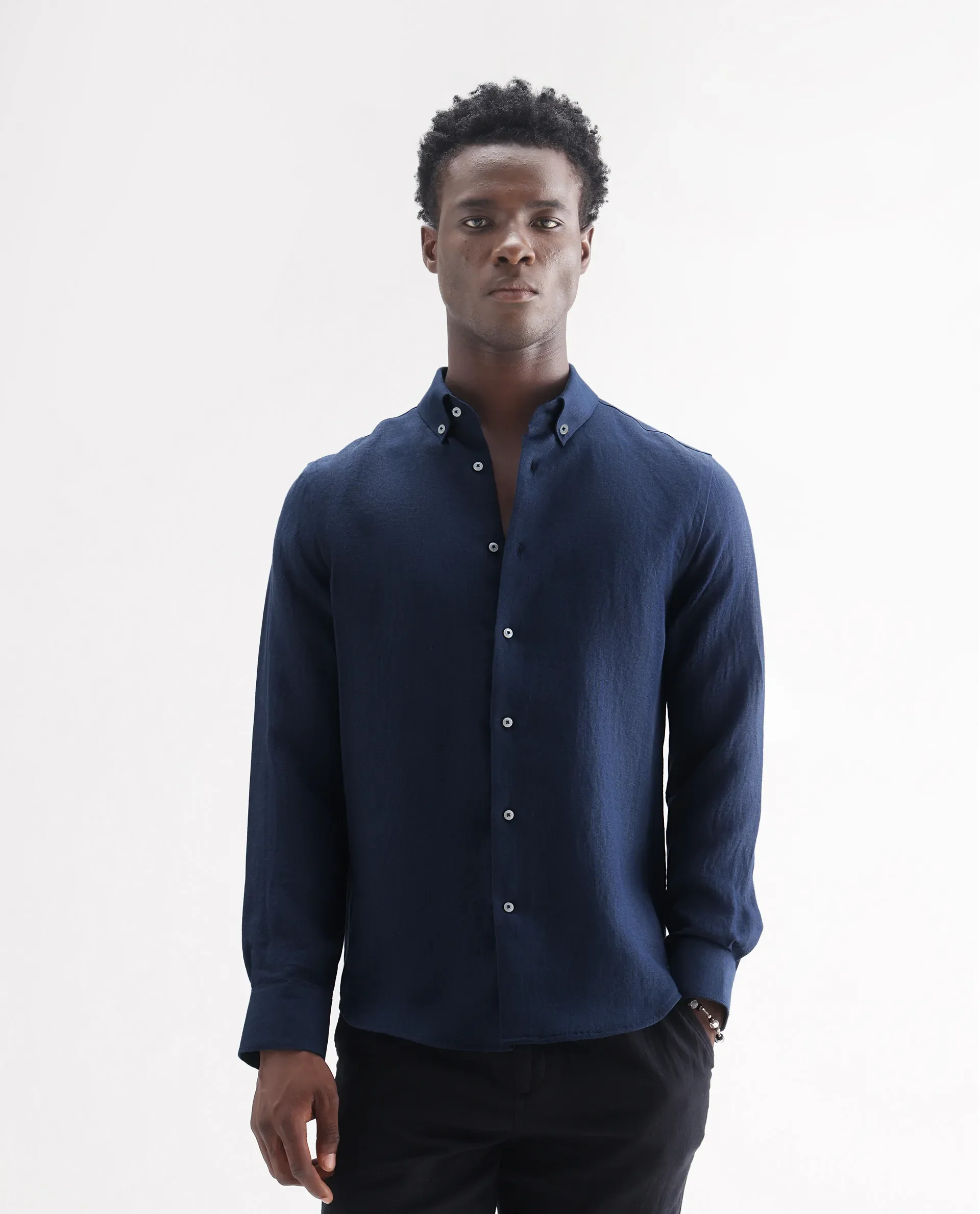Rare Rabbit Men's Lucis Navy 100% Linen Plain Regular Fit Full Sleeve Collared Shirt - Image 4