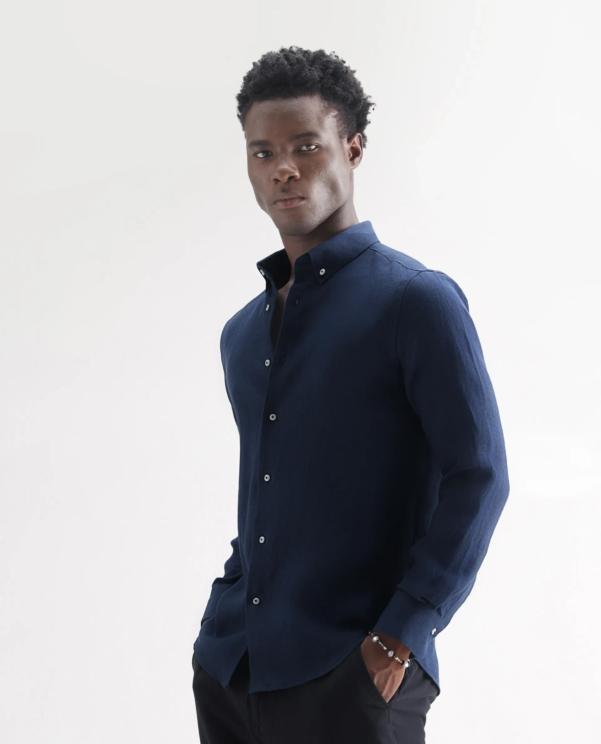 Rare Rabbit Men's Lucis Navy 100% Linen Plain Regular Fit Full Sleeve Collared Shirt - Image 5