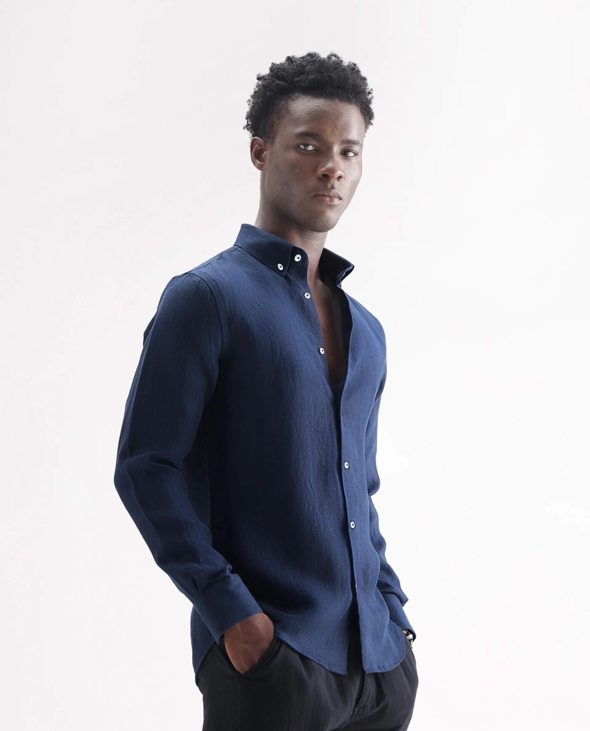 Rare Rabbit Men's Lucis Navy 100% Linen Plain Regular Fit Full Sleeve Collared Shirt - Image 6