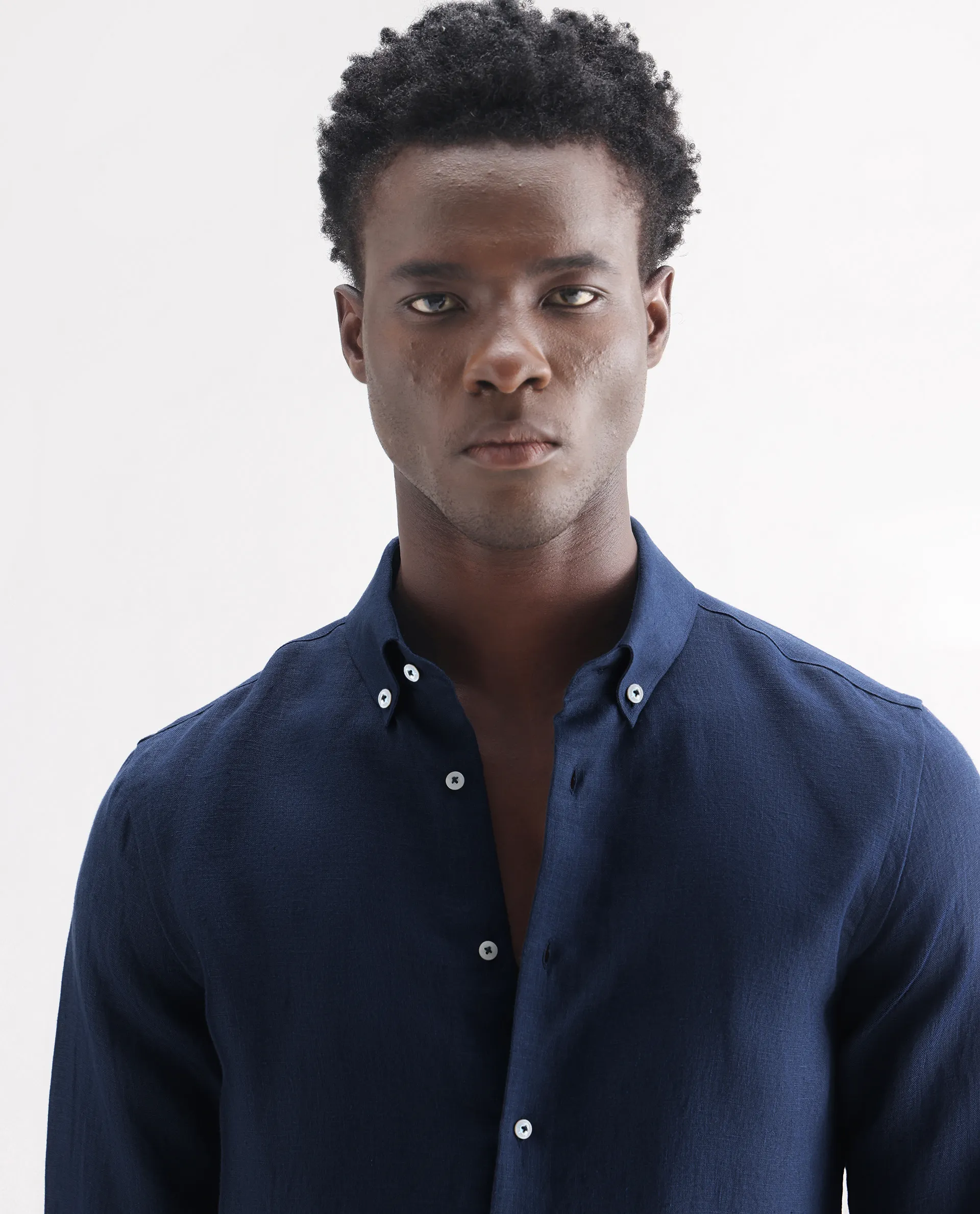Rare Rabbit Men's Lucis Navy 100% Linen Plain Regular Fit Full Sleeve Collared Shirt - Image 7