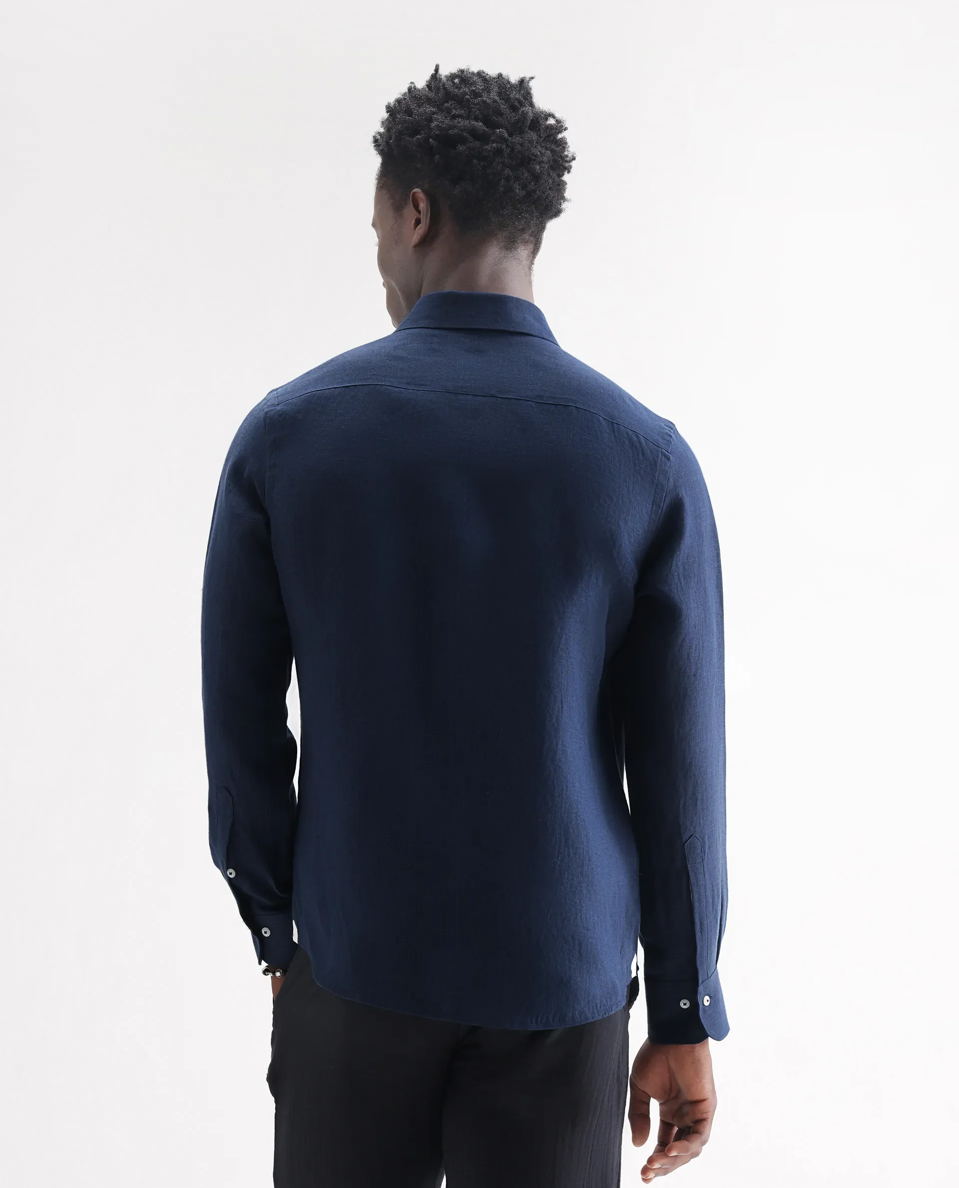 Rare Rabbit Men's Lucis Navy 100% Linen Plain Regular Fit Full Sleeve Collared Shirt - Image 8