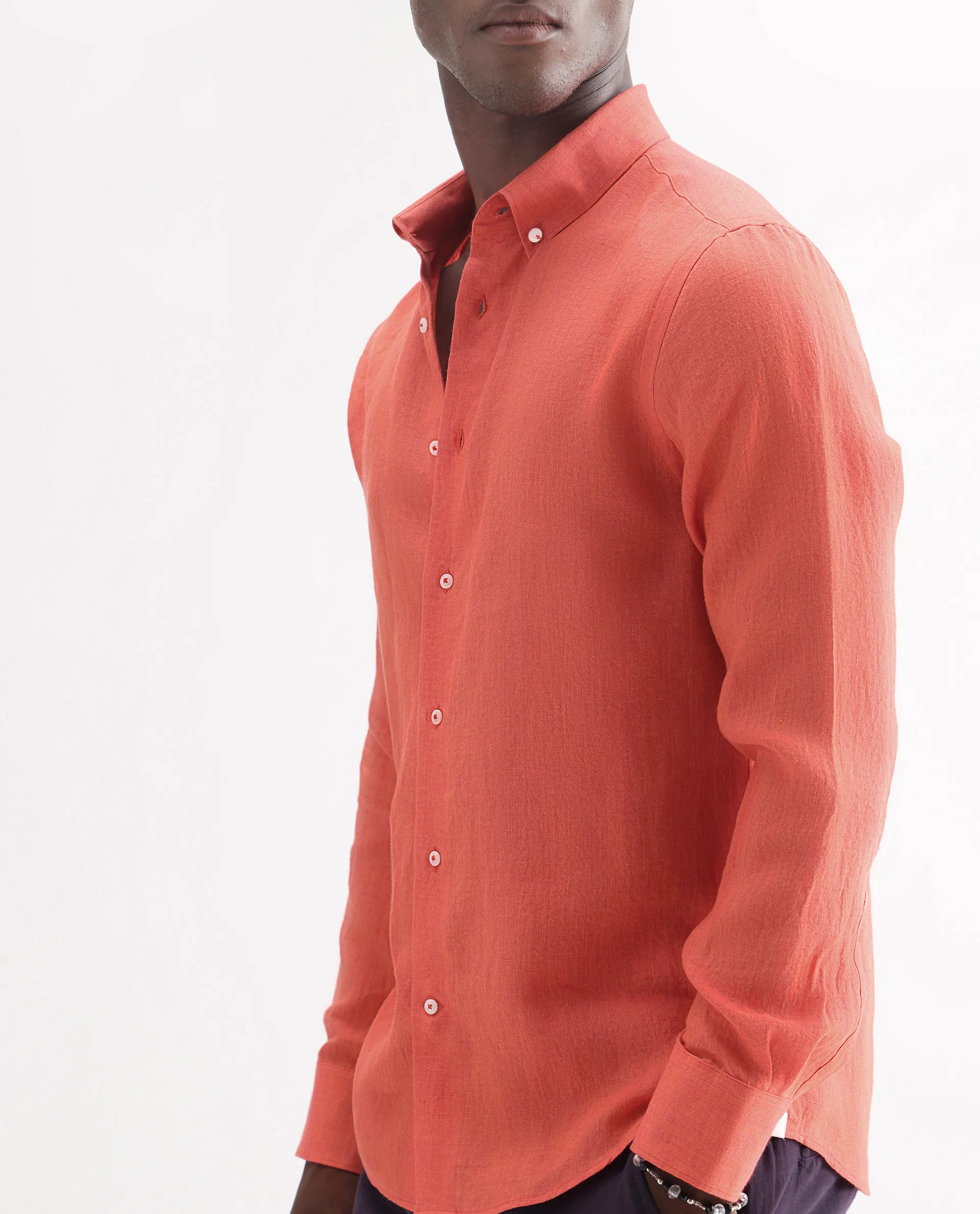Rare Rabbit Men's Lucis Orange 100% Linen Plain Regular Fit Full Sleeve Collared Shirt - Image 3