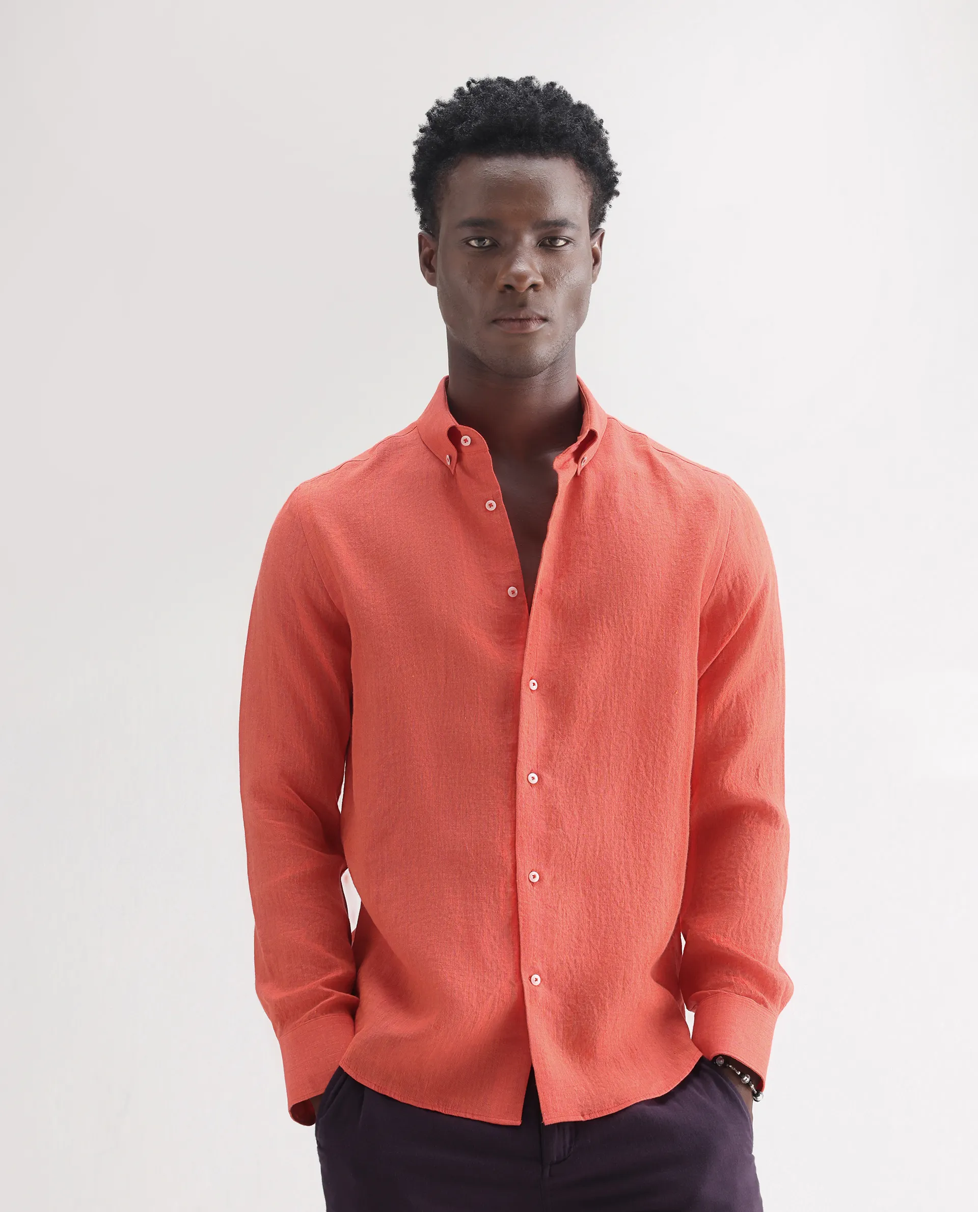 Rare Rabbit Men's Lucis Orange 100% Linen Plain Regular Fit Full Sleeve Collared Shirt - Image 4