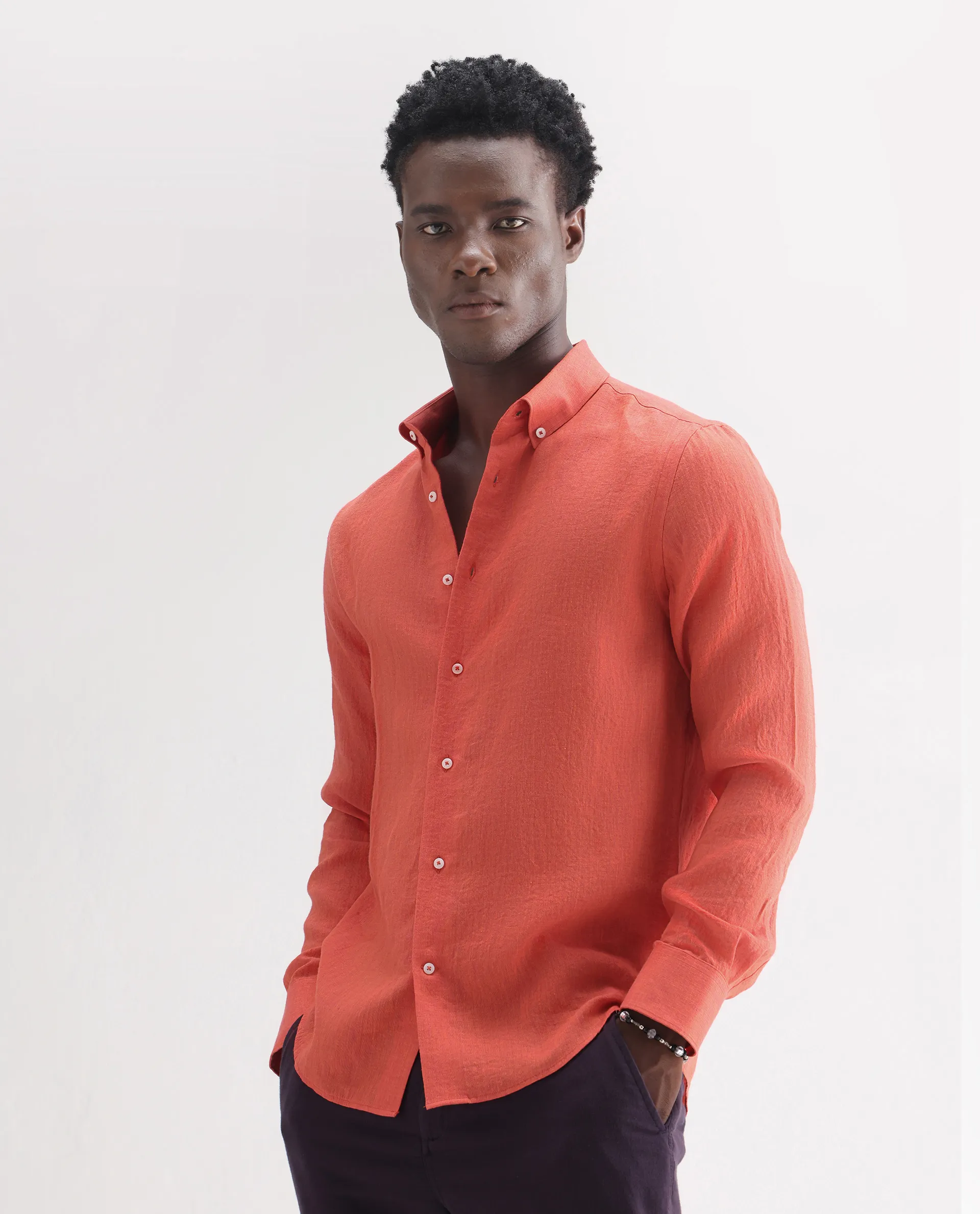 Rare Rabbit Men's Lucis Orange 100% Linen Plain Regular Fit Full Sleeve Collared Shirt - Image 5