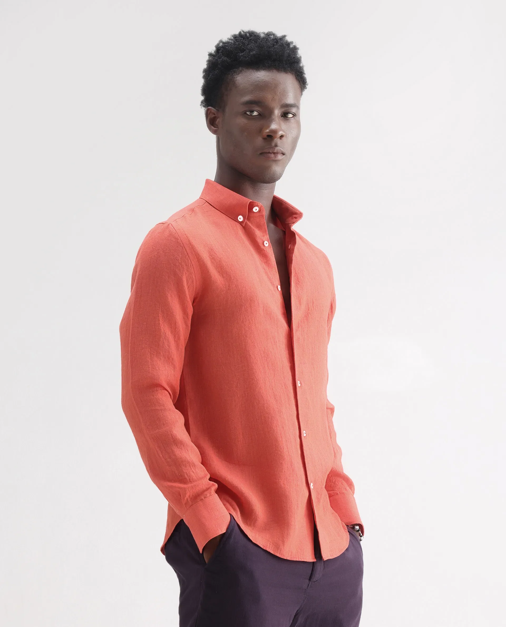 Rare Rabbit Men's Lucis Orange 100% Linen Plain Regular Fit Full Sleeve Collared Shirt - Image 6