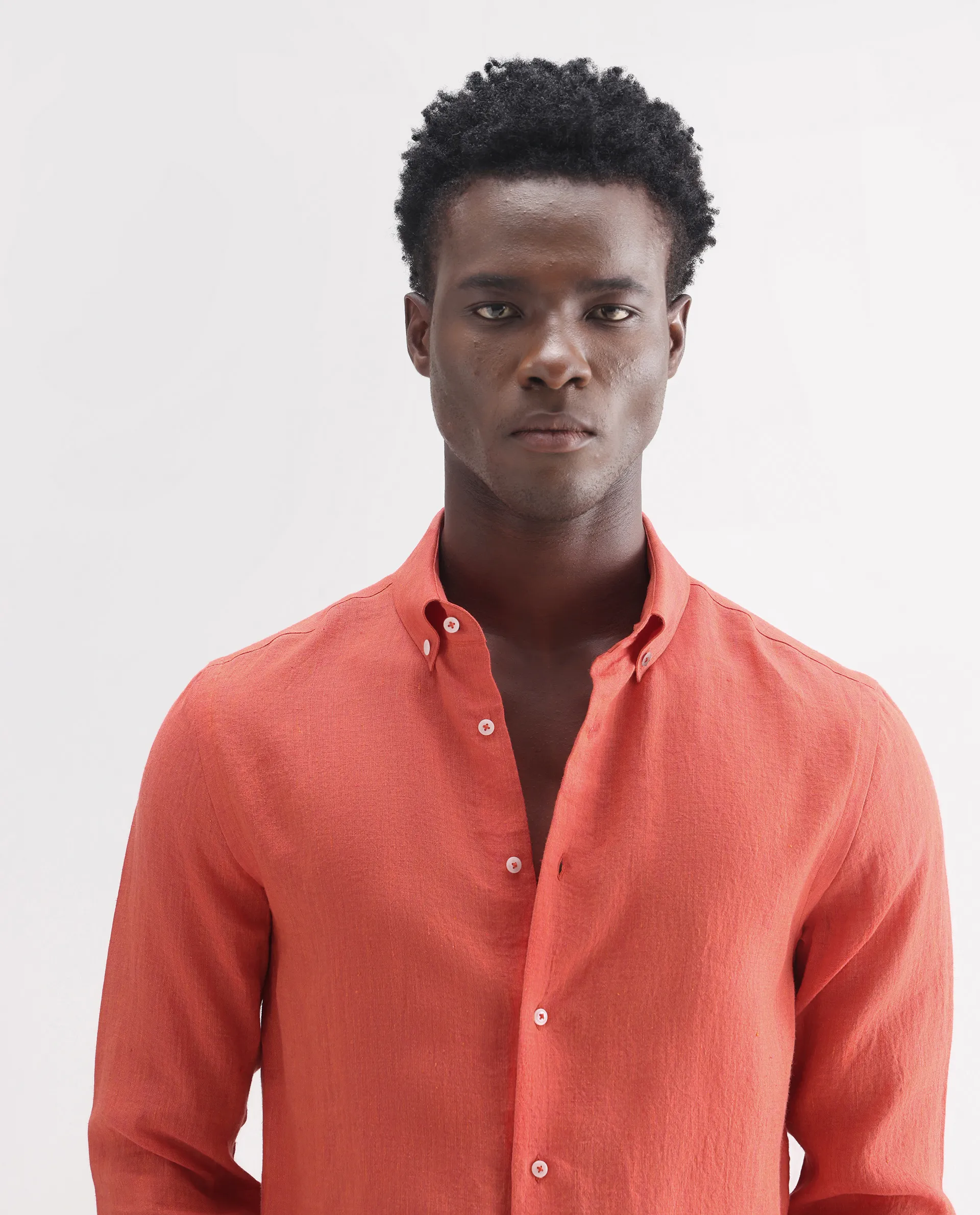 Rare Rabbit Men's Lucis Orange 100% Linen Plain Regular Fit Full Sleeve Collared Shirt - Image 7