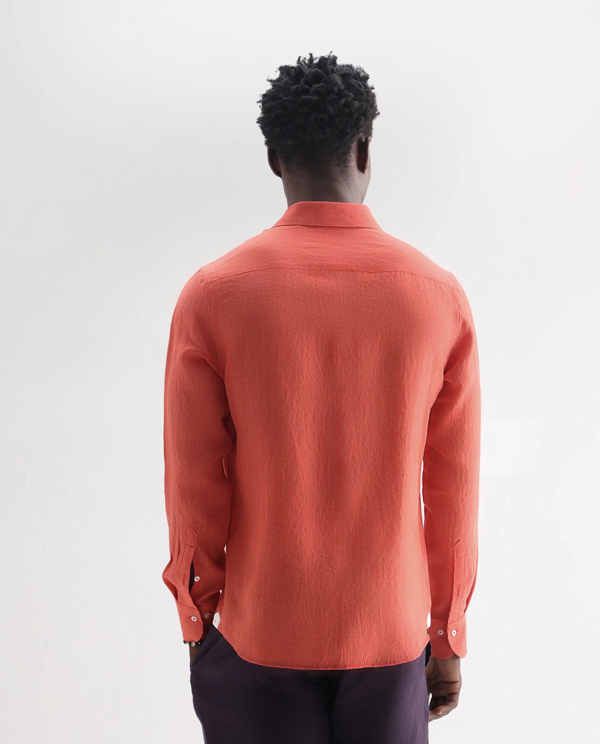 Rare Rabbit Men's Lucis Orange 100% Linen Plain Regular Fit Full Sleeve Collared Shirt - Image 8
