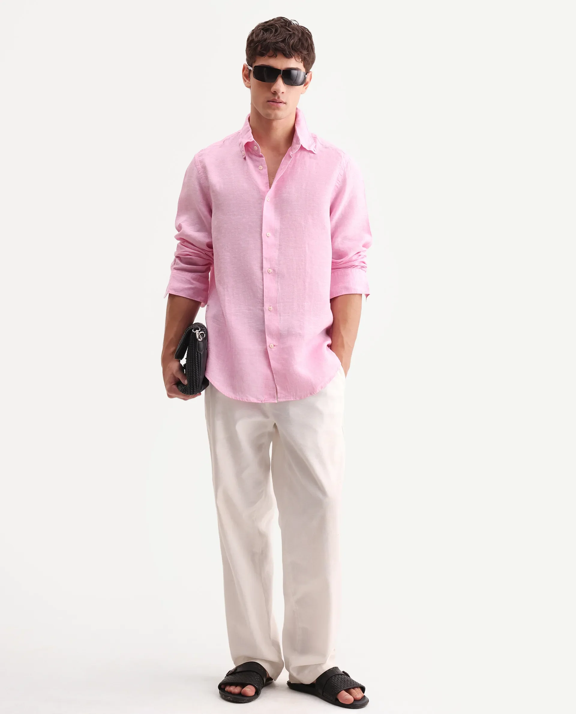 Rare Rabbit Men's Lucis Pink 100% Linen Plain Regular Fit Full Sleeve Collared Shirt - Image 2