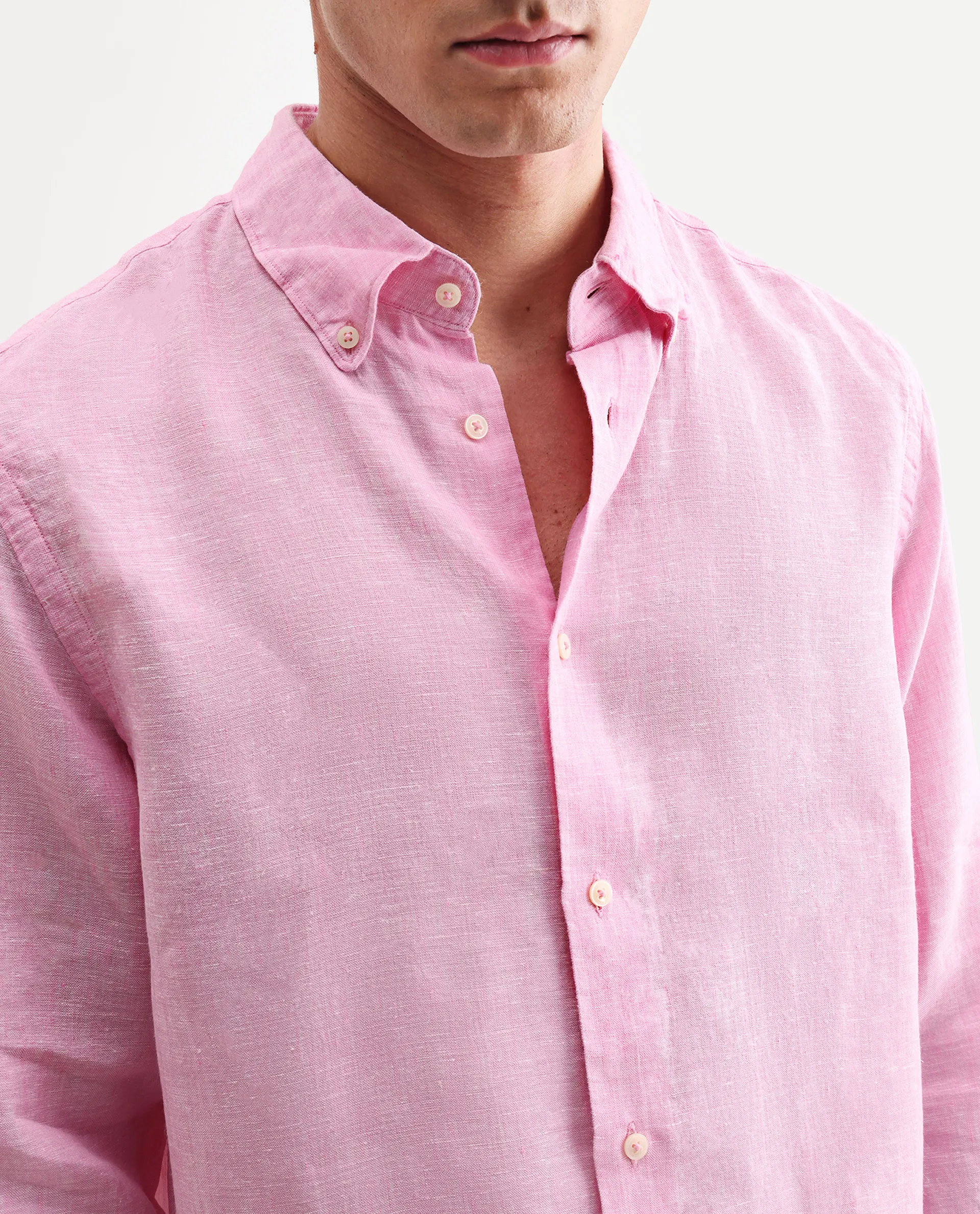Rare Rabbit Men's Lucis Pink 100% Linen Plain Regular Fit Full Sleeve Collared Shirt - Image 3