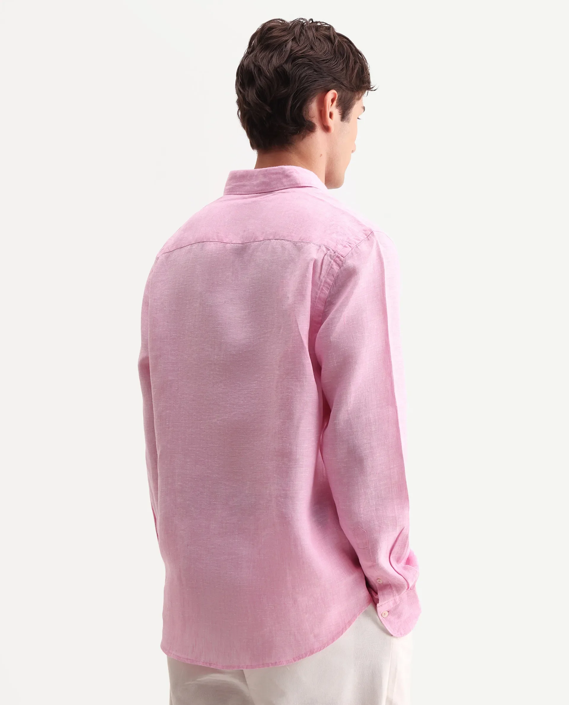 Rare Rabbit Men's Lucis Pink 100% Linen Plain Regular Fit Full Sleeve Collared Shirt - Image 4