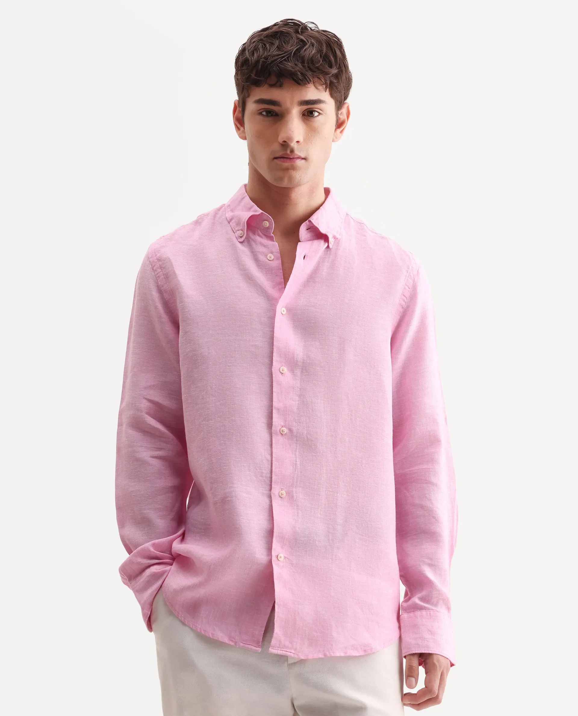 Rare Rabbit Men's Lucis Pink 100% Linen Plain Regular Fit Full Sleeve Collared Shirt - Image 5