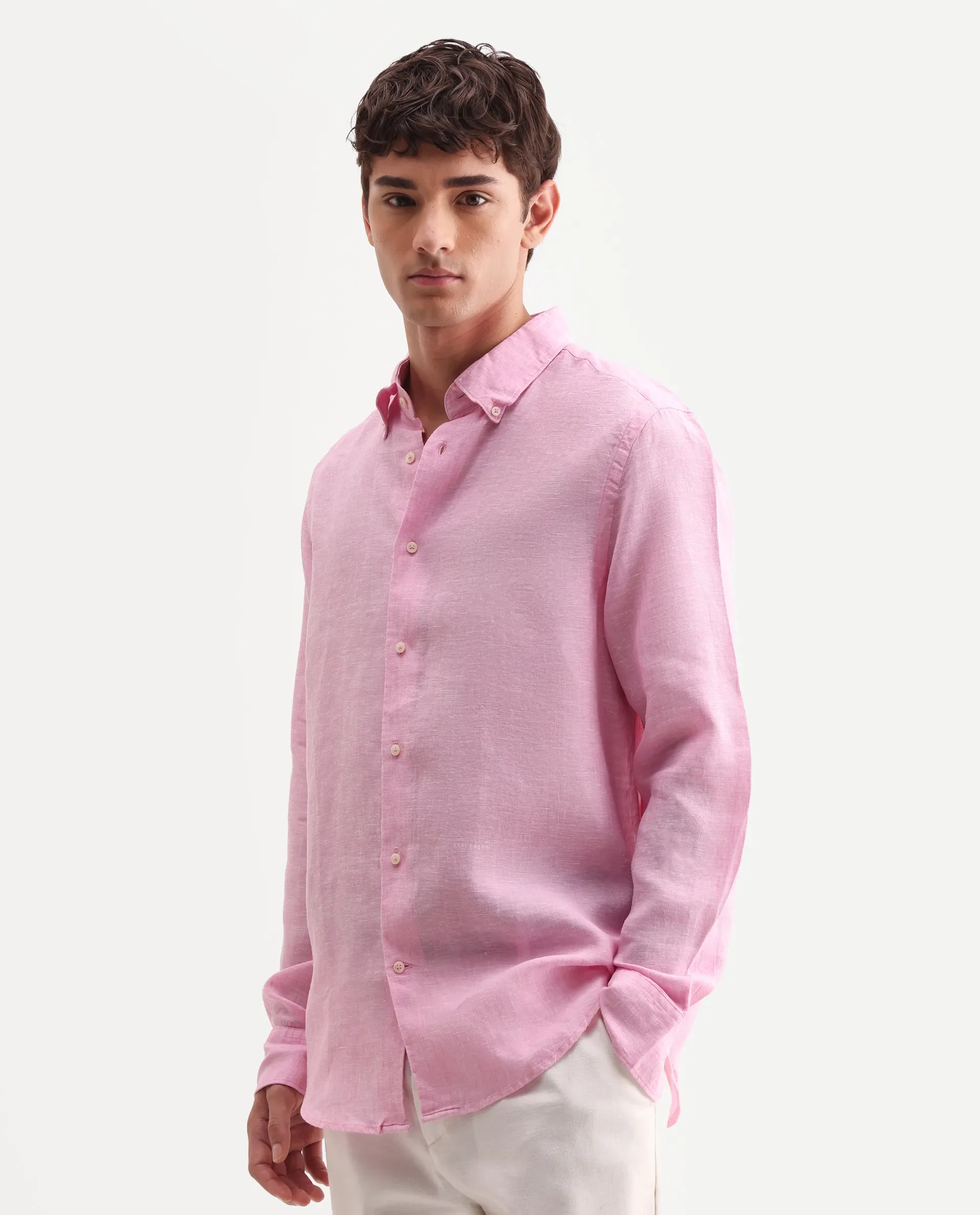 Rare Rabbit Men's Lucis Pink 100% Linen Plain Regular Fit Full Sleeve Collared Shirt - Image 6