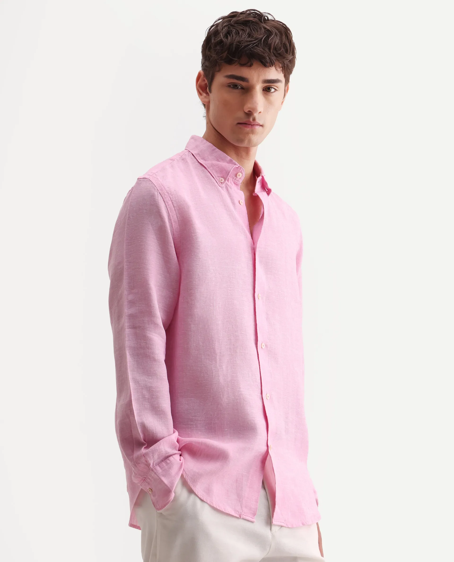 Rare Rabbit Men's Lucis Pink 100% Linen Plain Regular Fit Full Sleeve Collared Shirt - Image 7