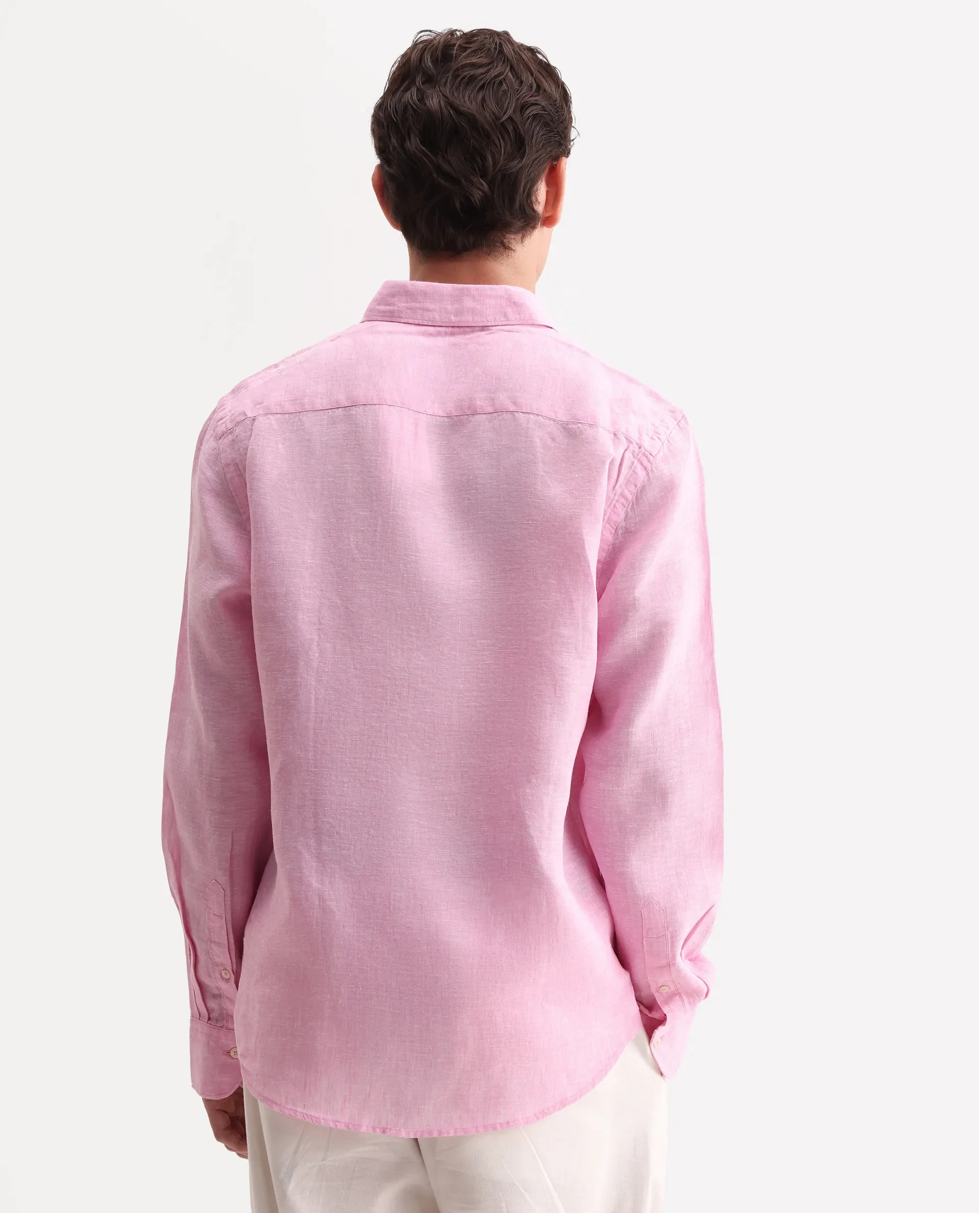 Rare Rabbit Men's Lucis Pink 100% Linen Plain Regular Fit Full Sleeve Collared Shirt - Image 8
