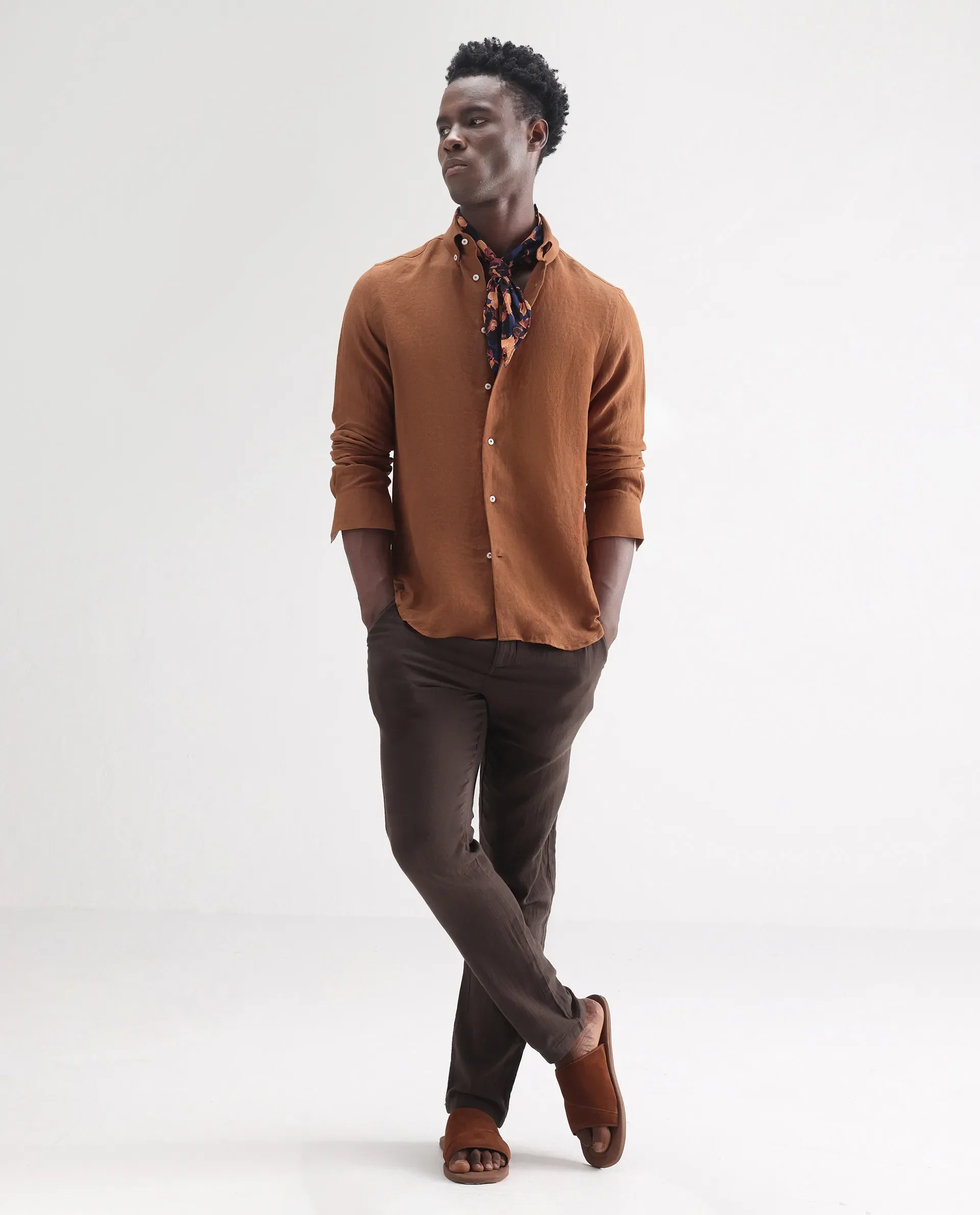 Rare Rabbit Men's Lucis Rust 100% Linen Plain Regular Fit Full Sleeve Collared Shirt - Image 2