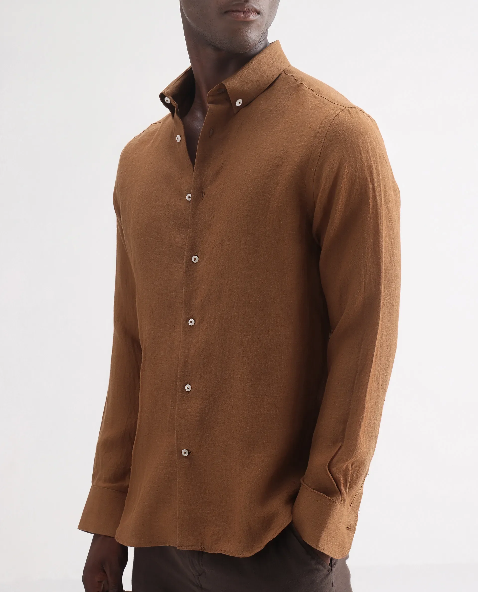 Rare Rabbit Men's Lucis Rust 100% Linen Plain Regular Fit Full Sleeve Collared Shirt - Image 3