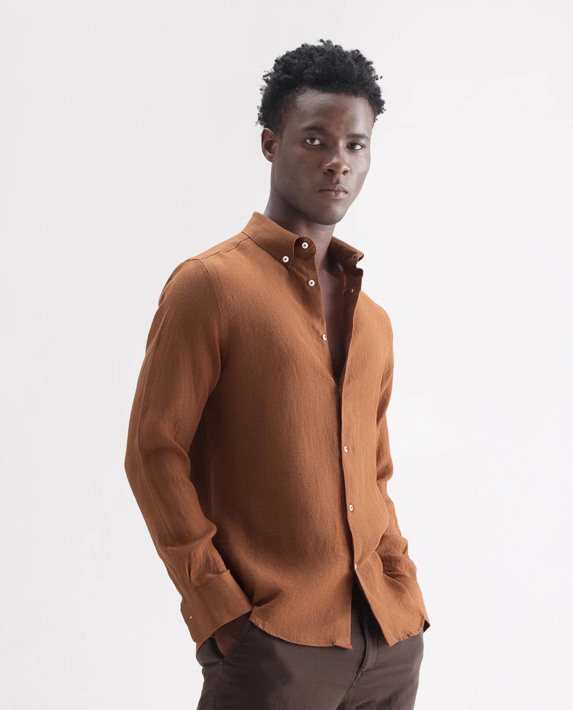Rare Rabbit Men's Lucis Rust 100% Linen Plain Regular Fit Full Sleeve Collared Shirt - Image 4