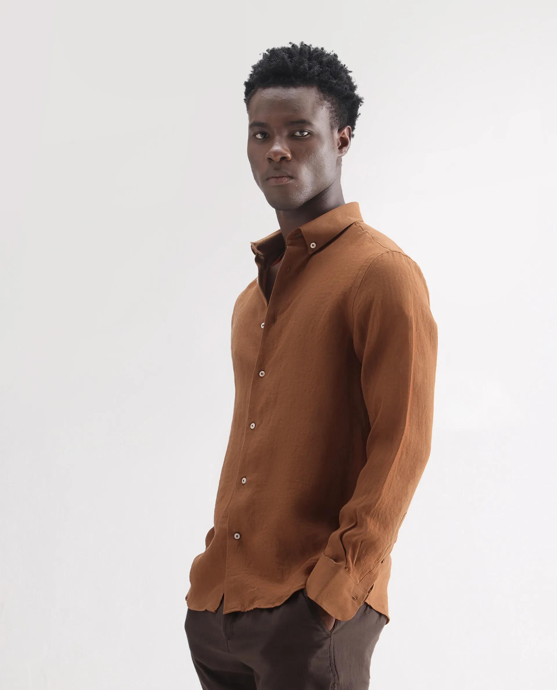 Rare Rabbit Men's Lucis Rust 100% Linen Plain Regular Fit Full Sleeve Collared Shirt - Image 5