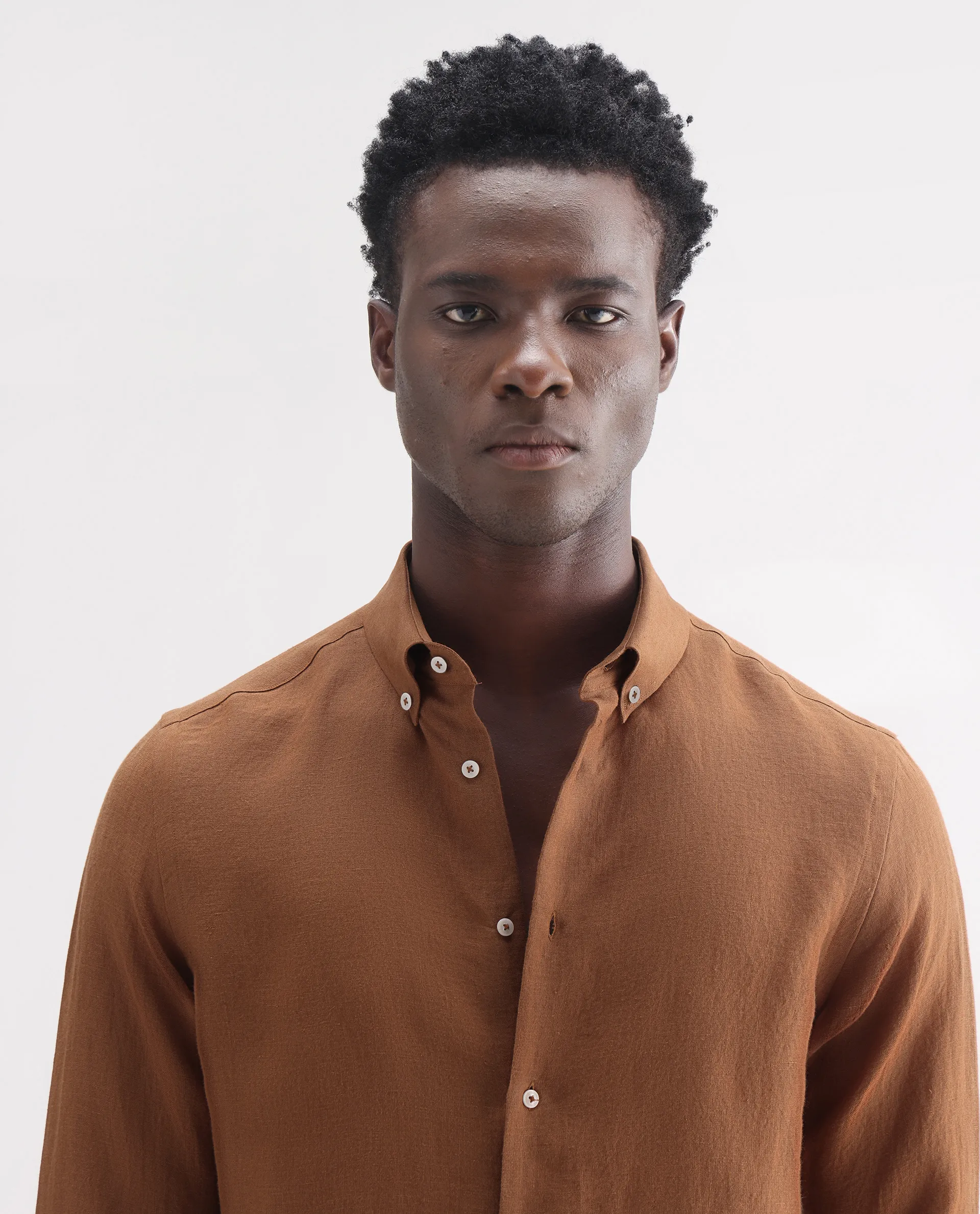 Rare Rabbit Men's Lucis Rust 100% Linen Plain Regular Fit Full Sleeve Collared Shirt - Image 6
