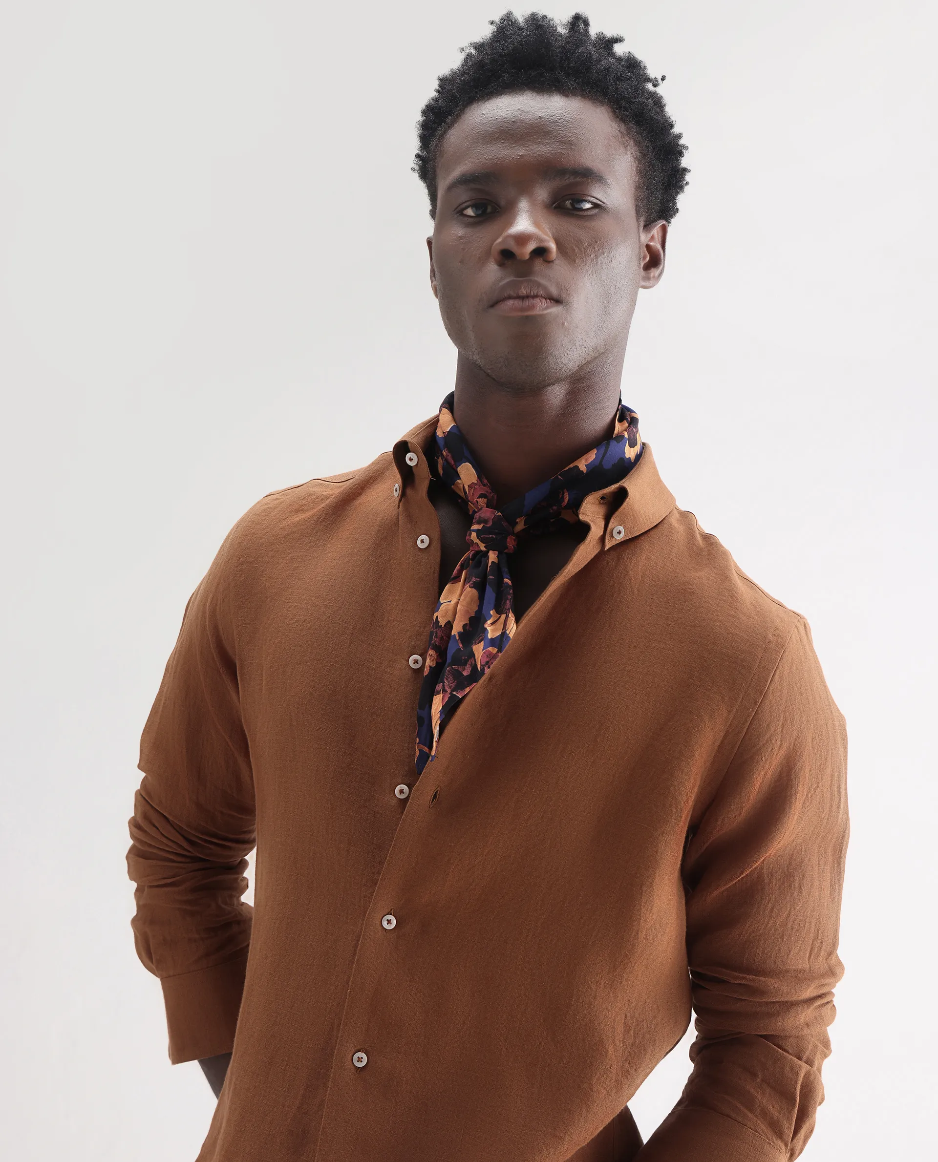 Rare Rabbit Men's Lucis Rust 100% Linen Plain Regular Fit Full Sleeve Collared Shirt - Image 7