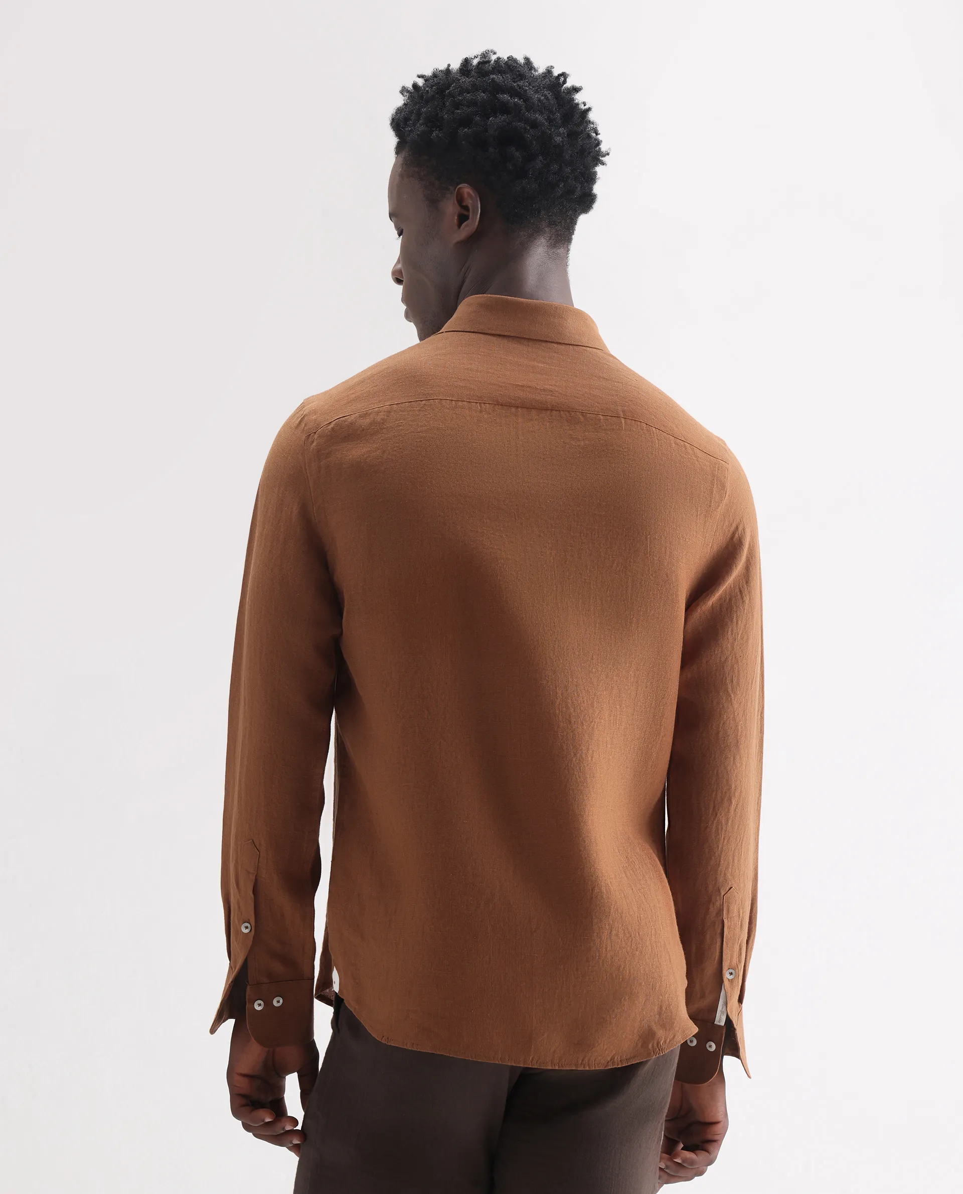 Rare Rabbit Men's Lucis Rust 100% Linen Plain Regular Fit Full Sleeve Collared Shirt - Image 8