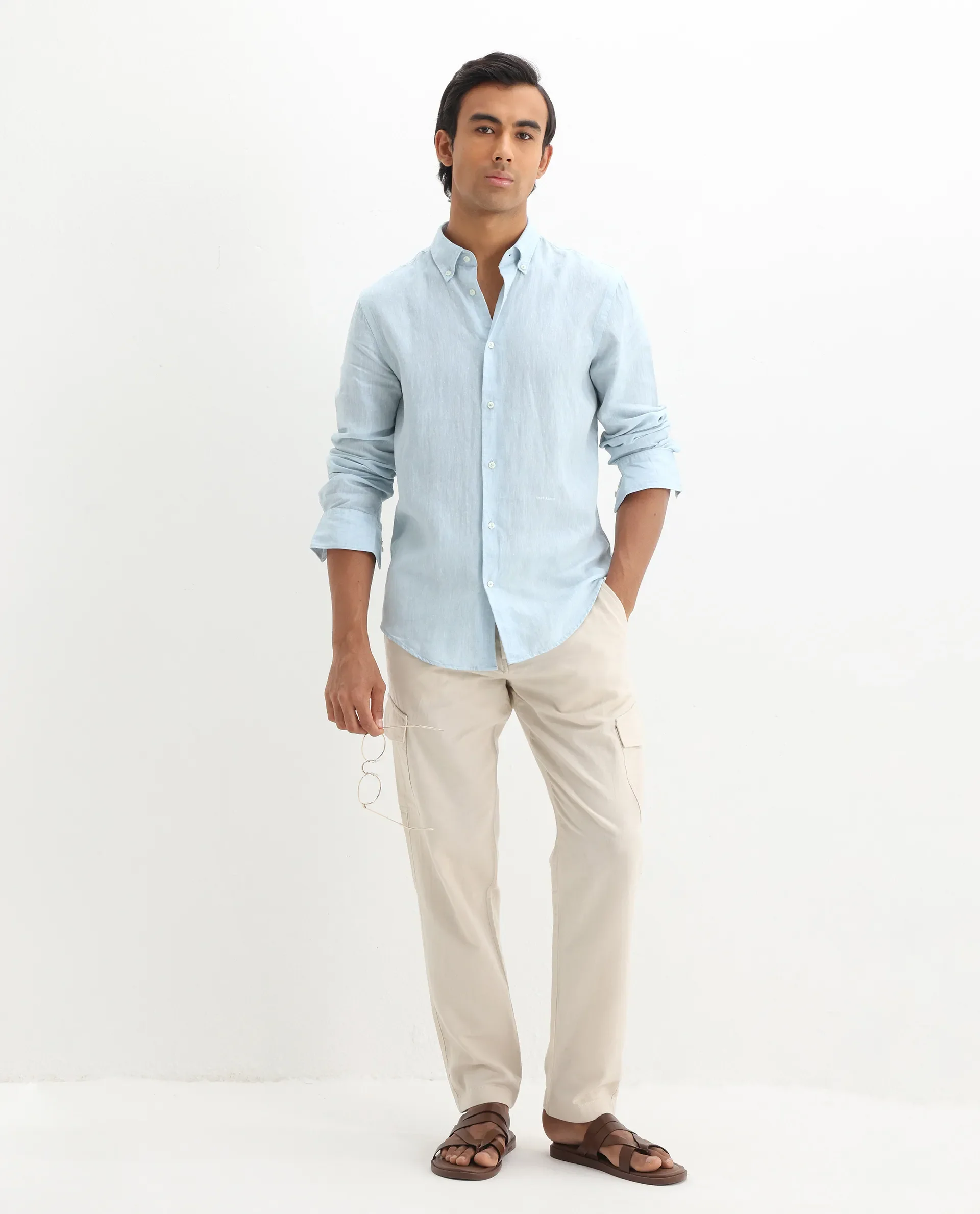 Rare Rabbit Men's Lucis Light Blue 100% Linen Plain Regular Fit Full Sleeve Collared Shirt - Image 2