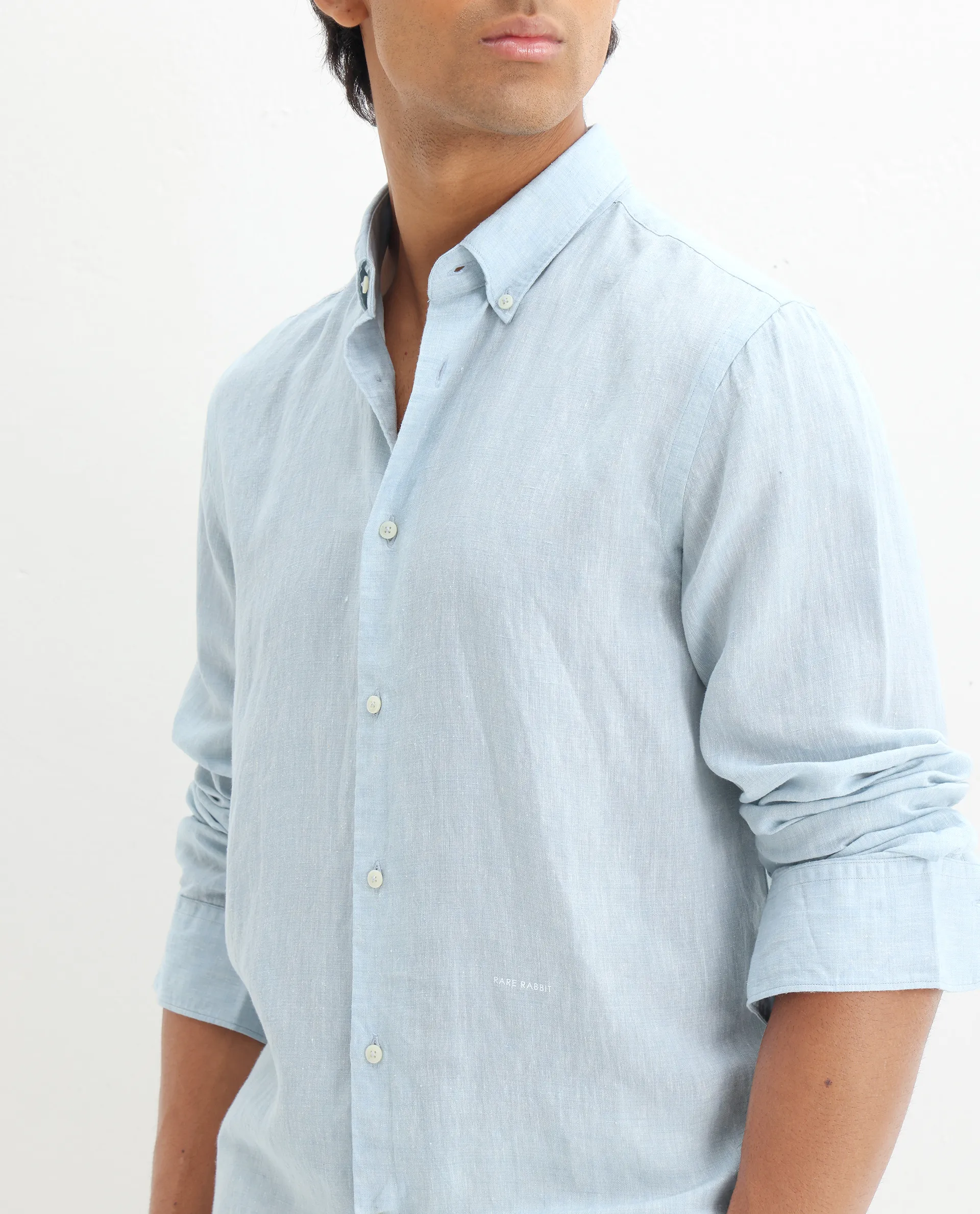 Rare Rabbit Men's Lucis Light Blue 100% Linen Plain Regular Fit Full Sleeve Collared Shirt - Image 3
