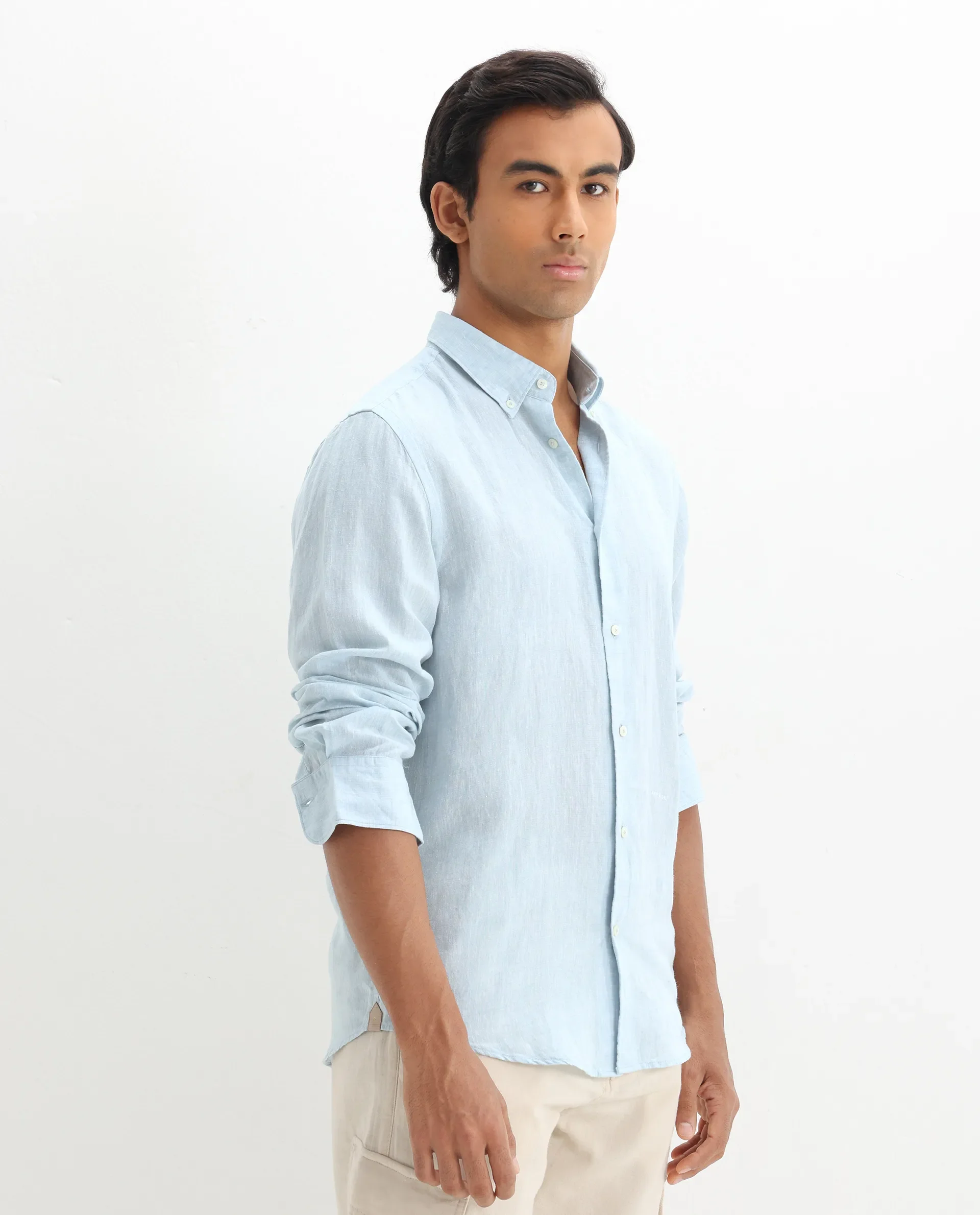 Rare Rabbit Men's Lucis Light Blue 100% Linen Plain Regular Fit Full Sleeve Collared Shirt - Image 4