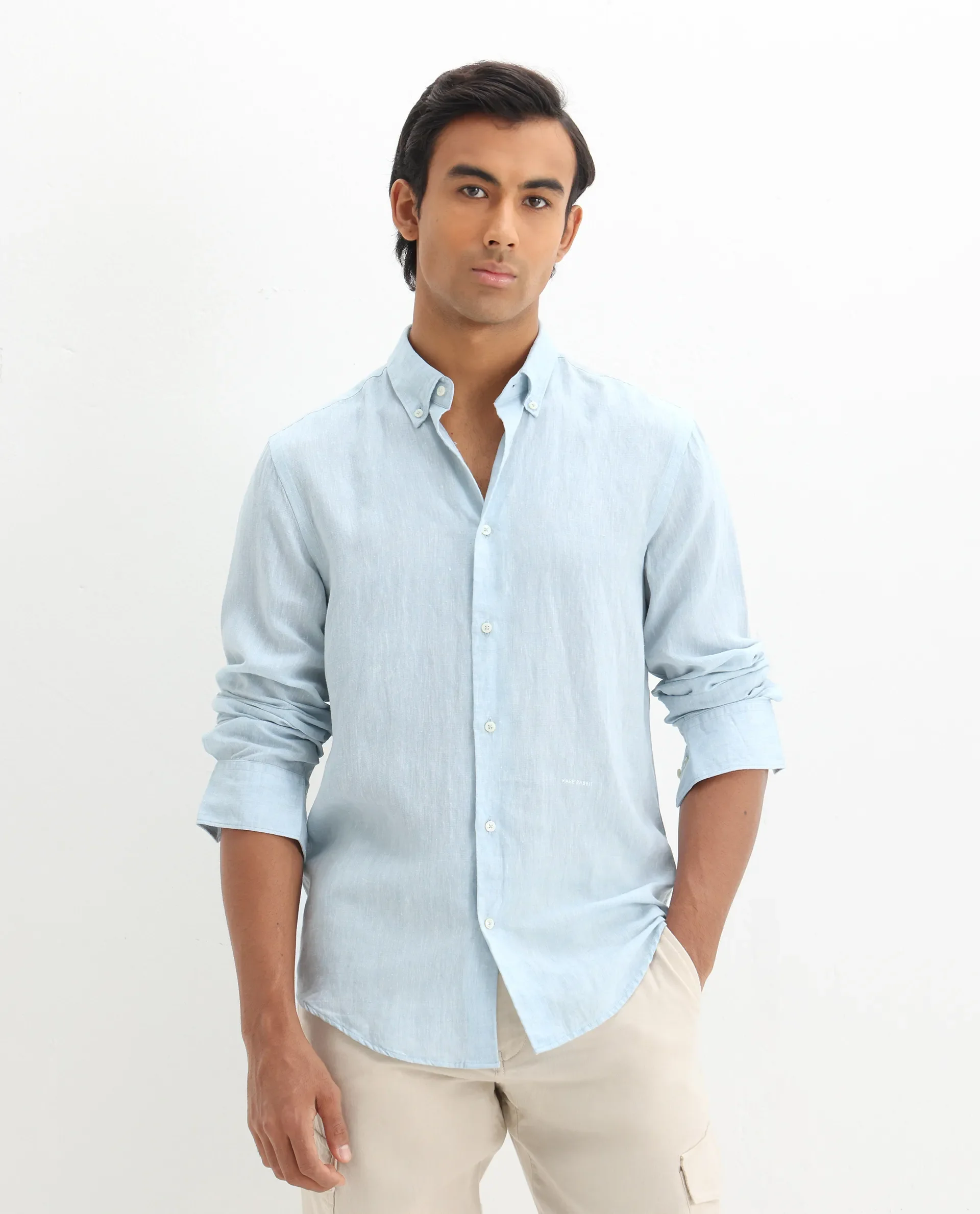 Rare Rabbit Men's Lucis Light Blue 100% Linen Plain Regular Fit Full Sleeve Collared Shirt - Image 6