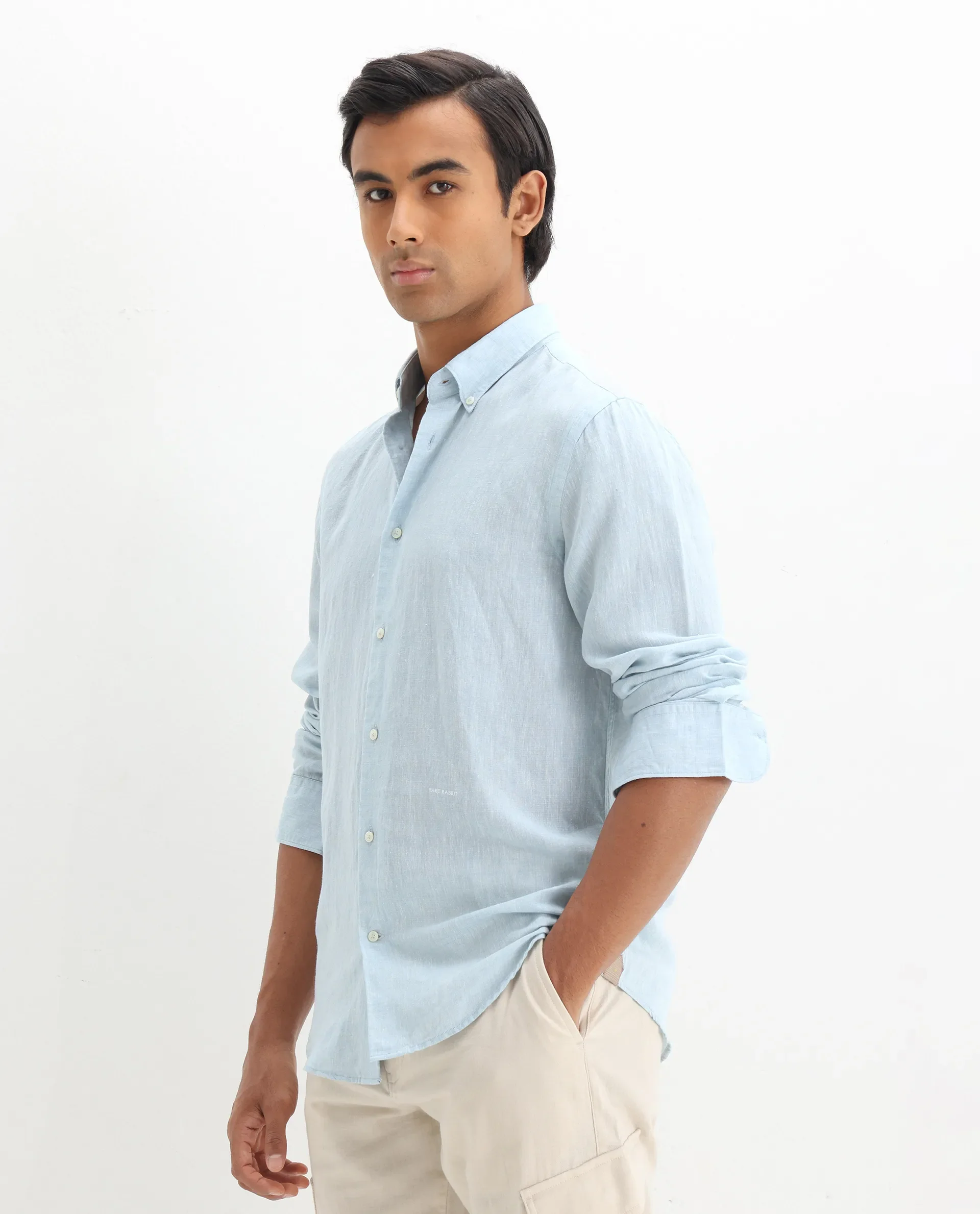 Rare Rabbit Men's Lucis Light Blue 100% Linen Plain Regular Fit Full Sleeve Collared Shirt - Image 7