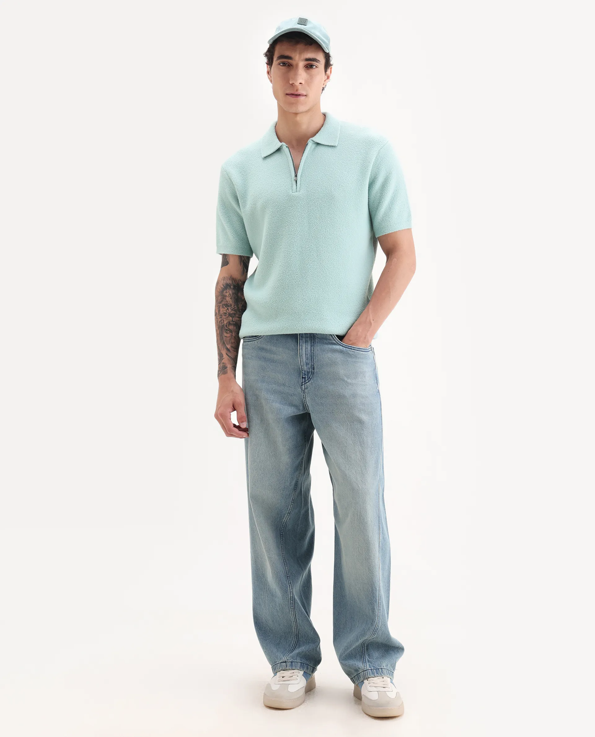 Rare Rabbit Men's Luco Blue Cotton Blend Fabric Collared Neck Regular Plain Polo - Image 2