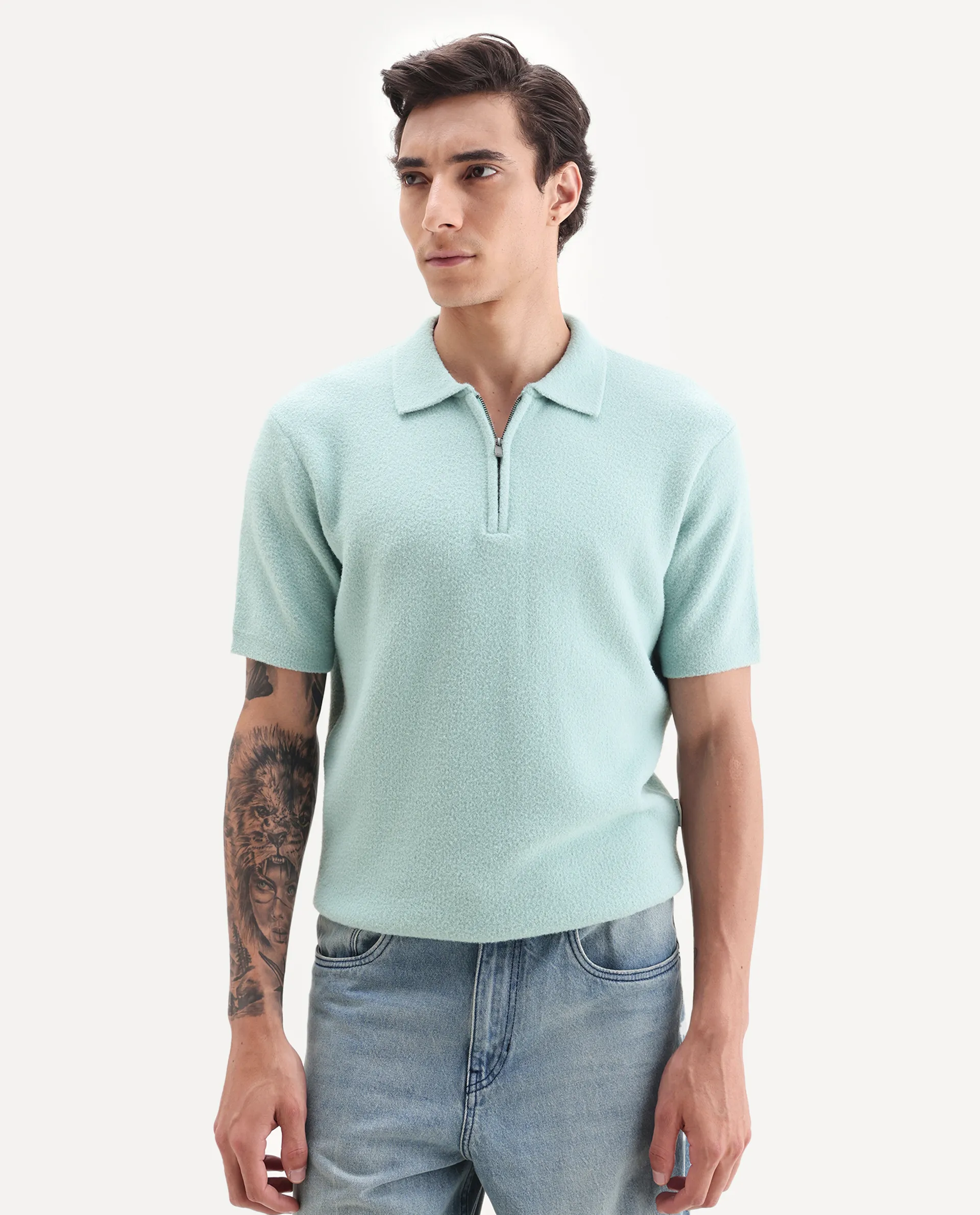 Rare Rabbit Men's Luco Blue Cotton Blend Fabric Collared Neck Regular Plain Polo - Image 4
