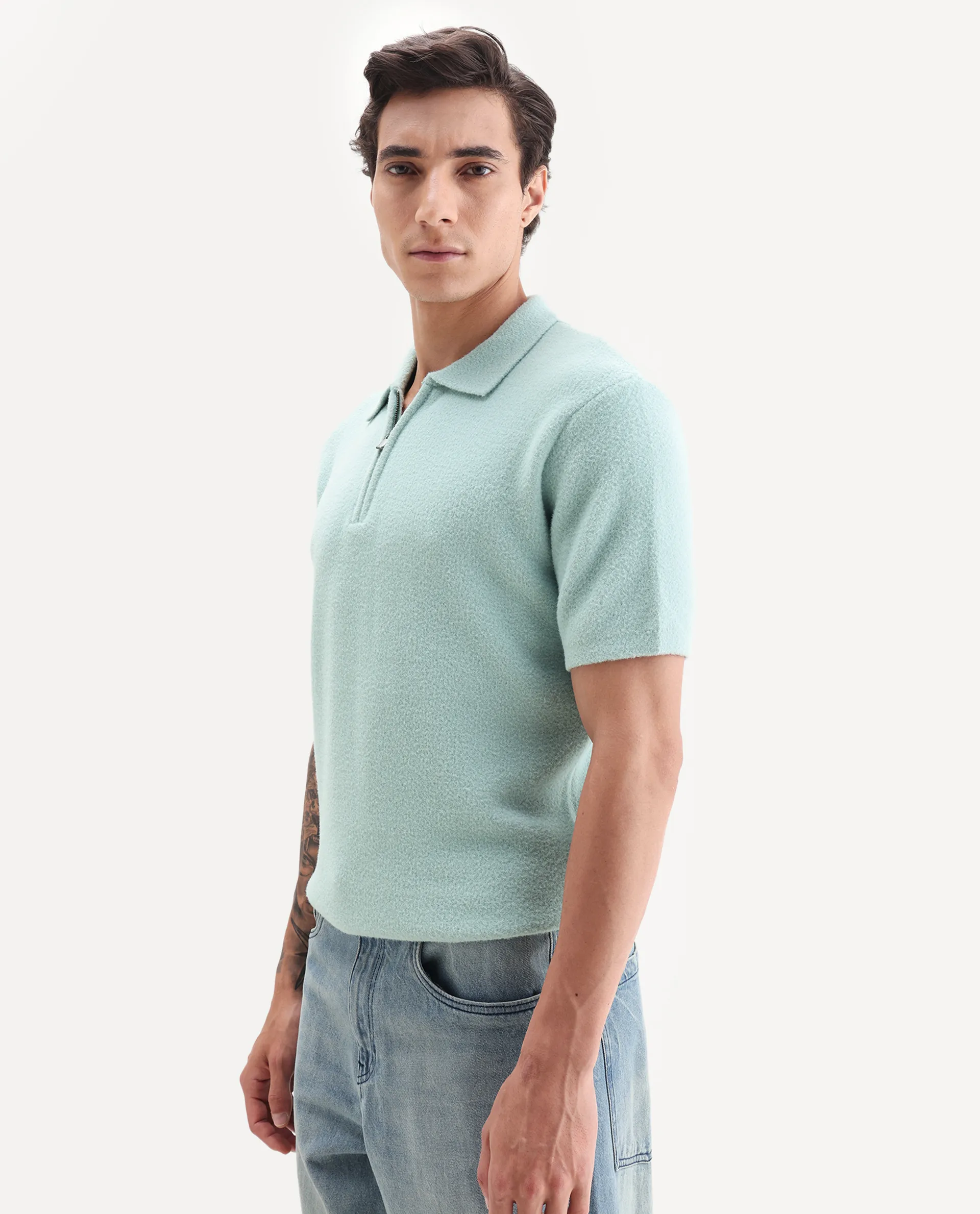 Rare Rabbit Men's Luco Blue Cotton Blend Fabric Collared Neck Regular Plain Polo - Image 5