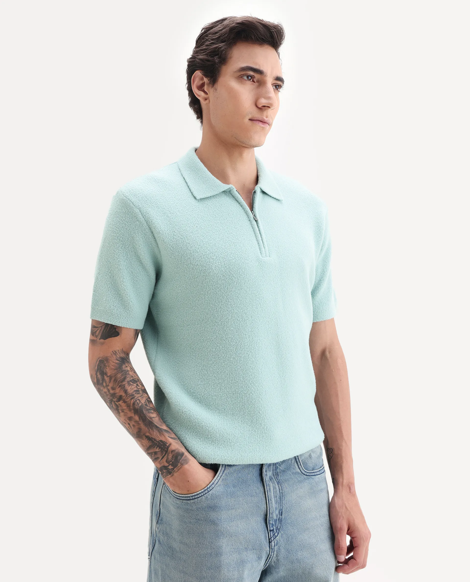 Rare Rabbit Men's Luco Blue Cotton Blend Fabric Collared Neck Regular Plain Polo - Image 6