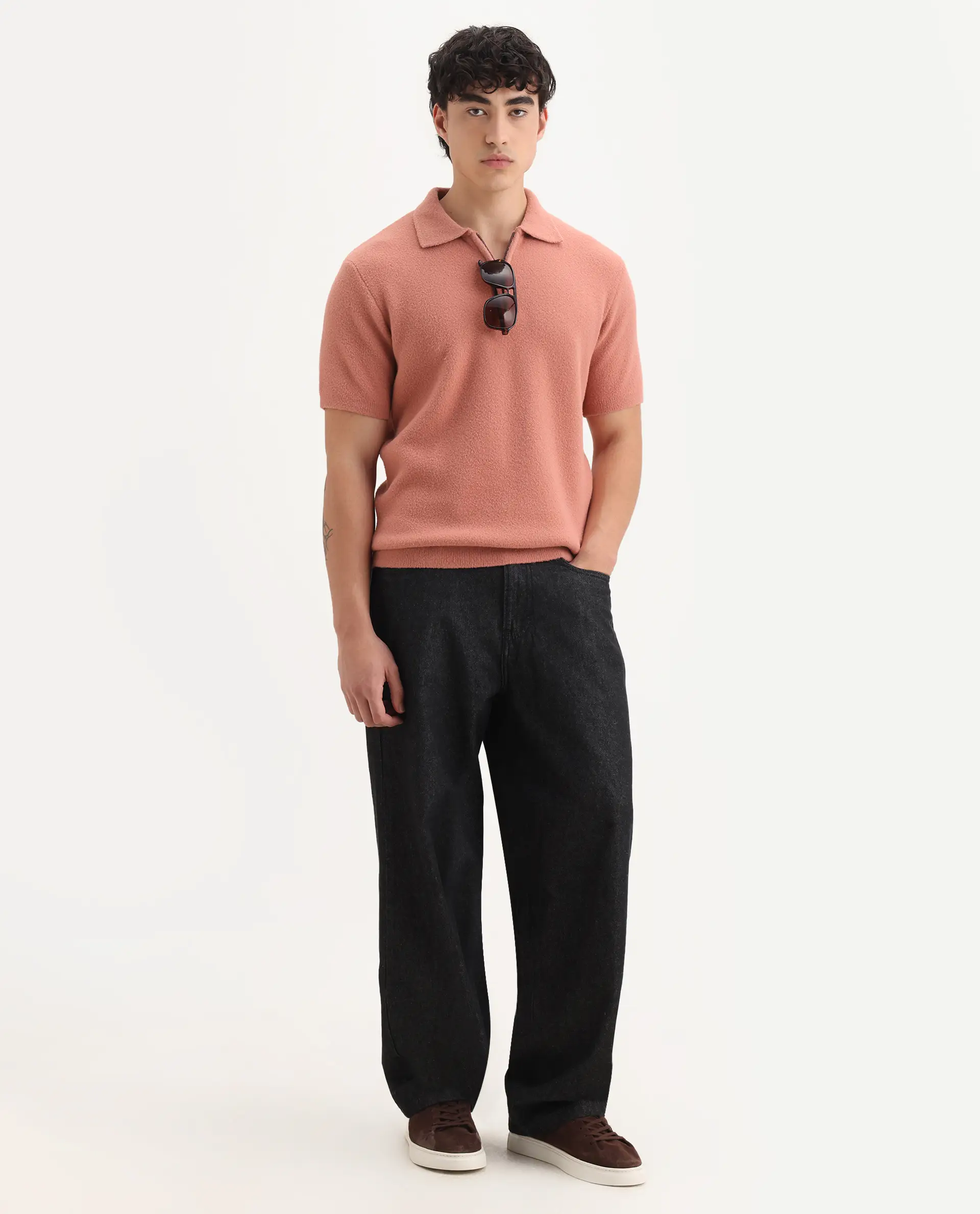 Rare Rabbit Men's Luco Orange Cotton Blend Fabric Collared Neck Regular Plain Polo - Image 2